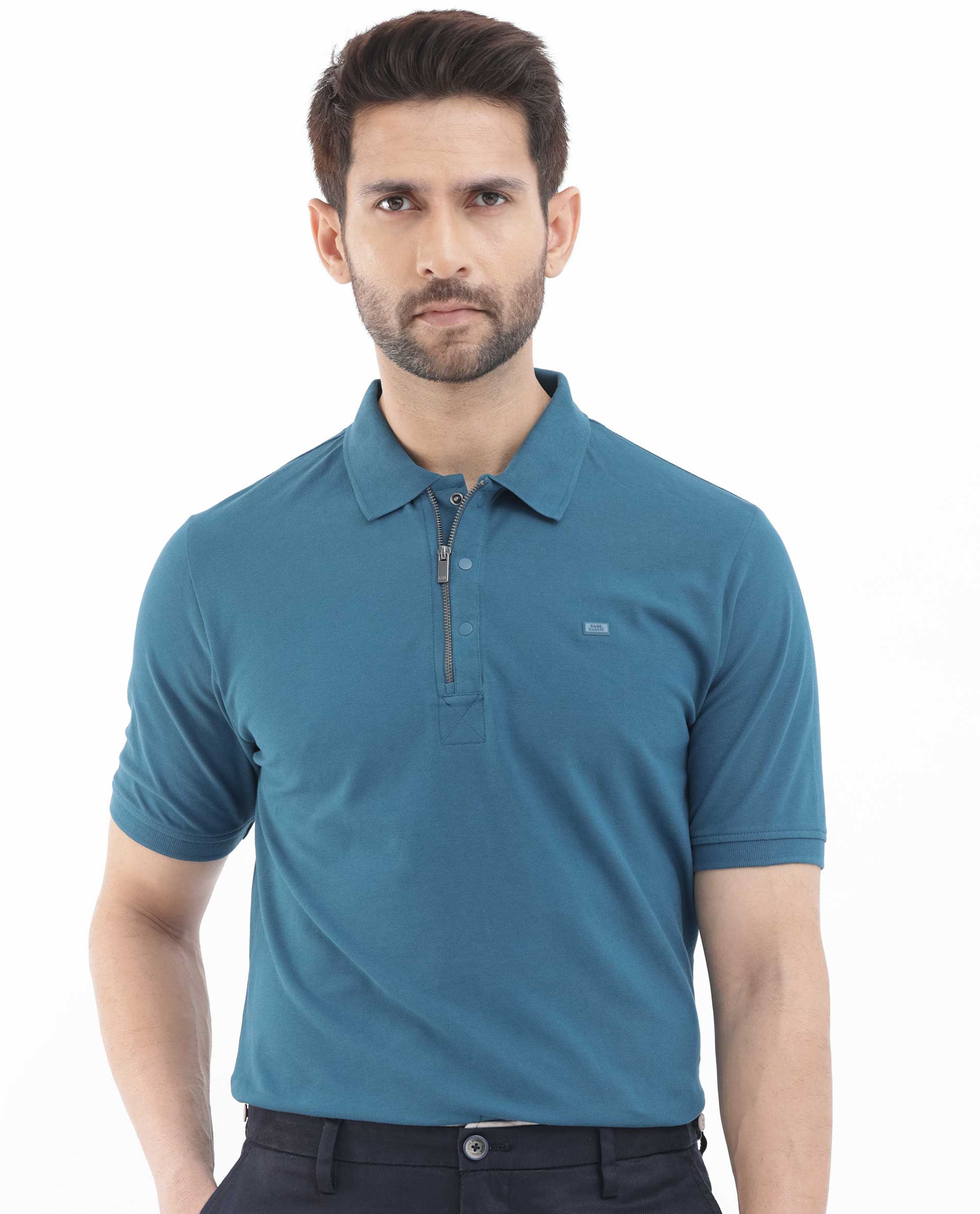 Rare Rabbit Mens Salis-2 Teal Cotton Fabric Collared Neck Zipper And Snap Button Closure Half Sleeves Polo T-Shirt