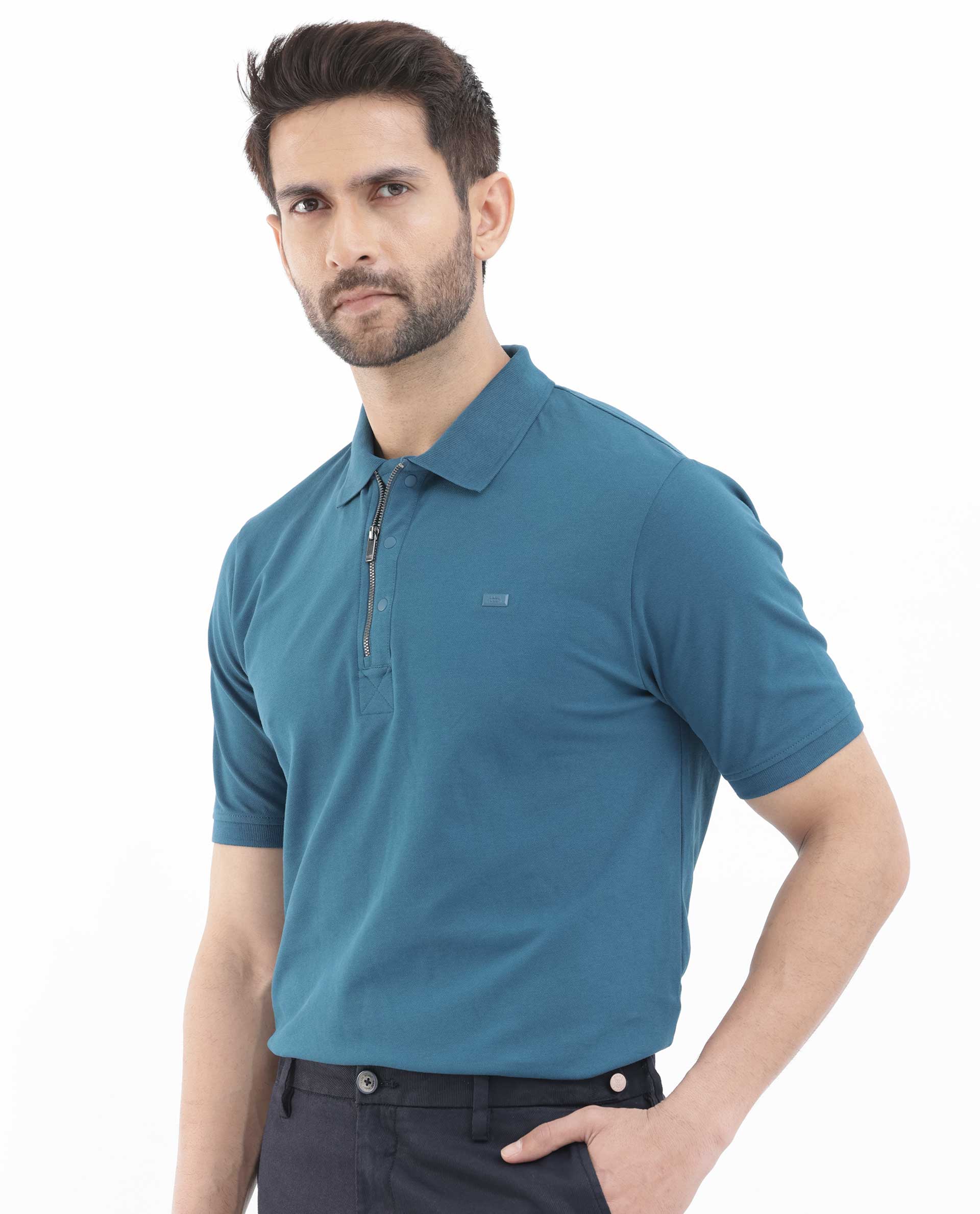 Rare Rabbit Mens Salis-2 Teal Cotton Fabric Collared Neck Zipper And Snap Button Closure Half Sleeves Polo T-Shirt