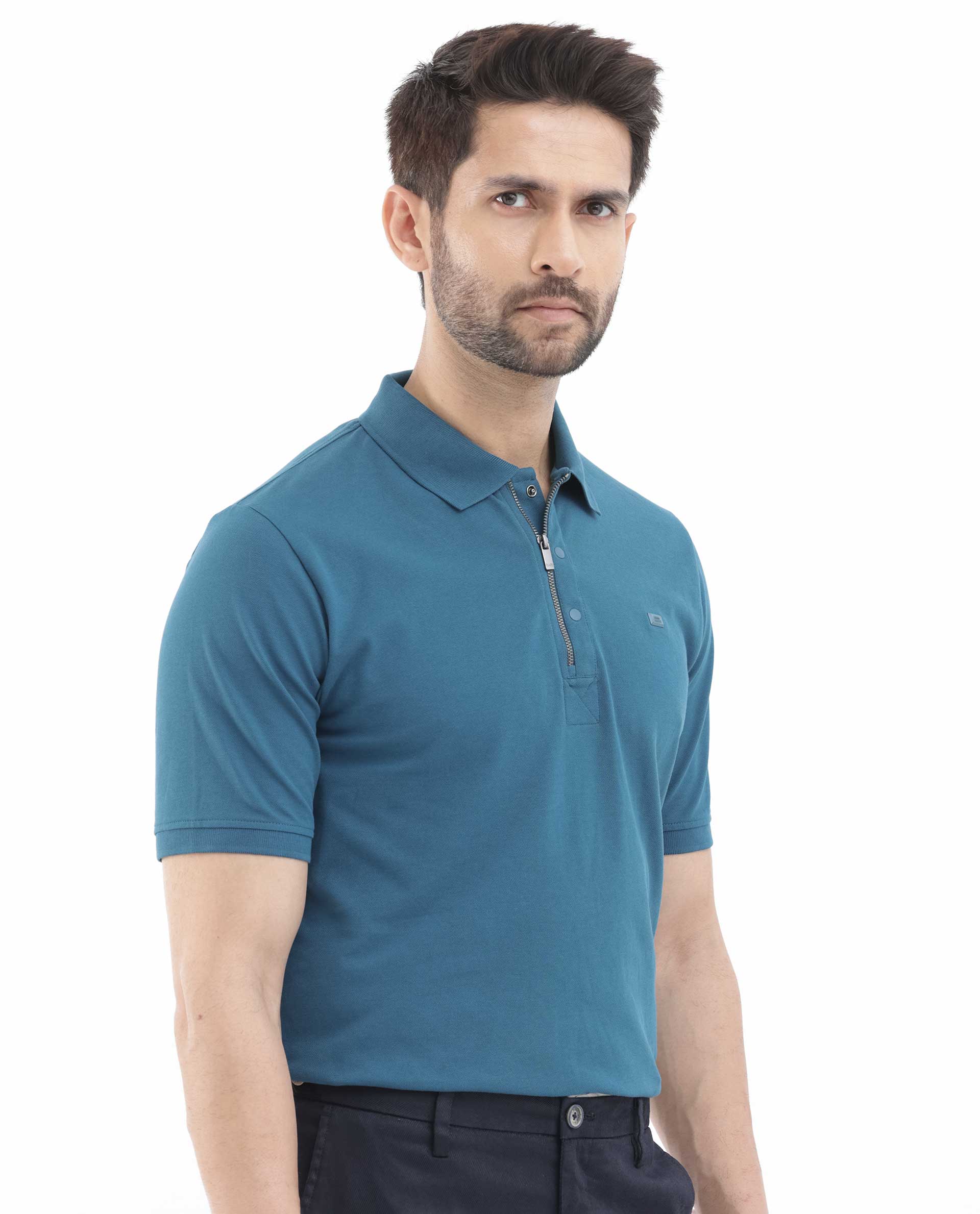 Rare Rabbit Mens Salis-2 Teal Cotton Fabric Collared Neck Zipper And Snap Button Closure Half Sleeves Polo T-Shirt