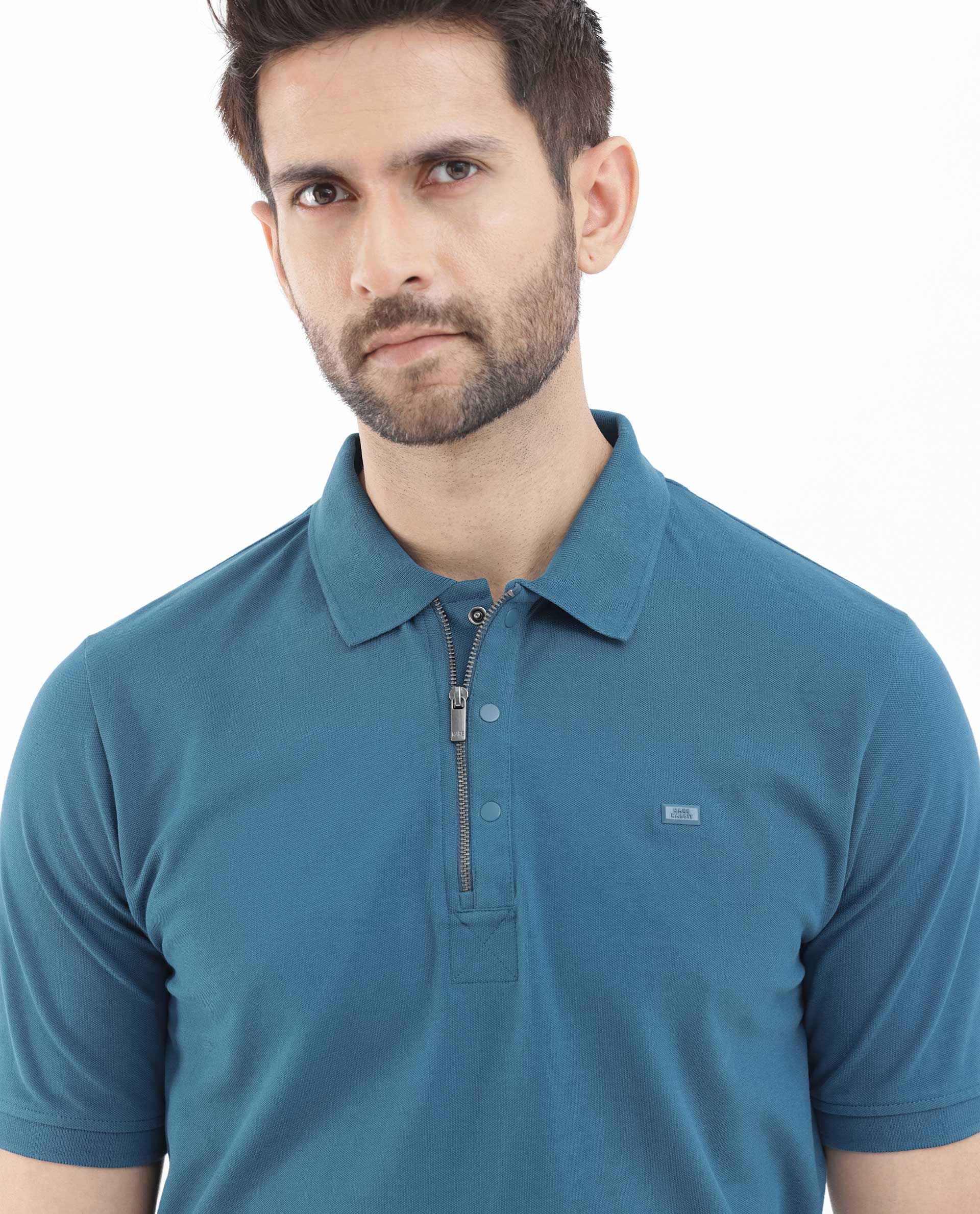 Rare Rabbit Mens Salis-2 Teal Cotton Fabric Collared Neck Zipper And Snap Button Closure Half Sleeves Polo T-Shirt