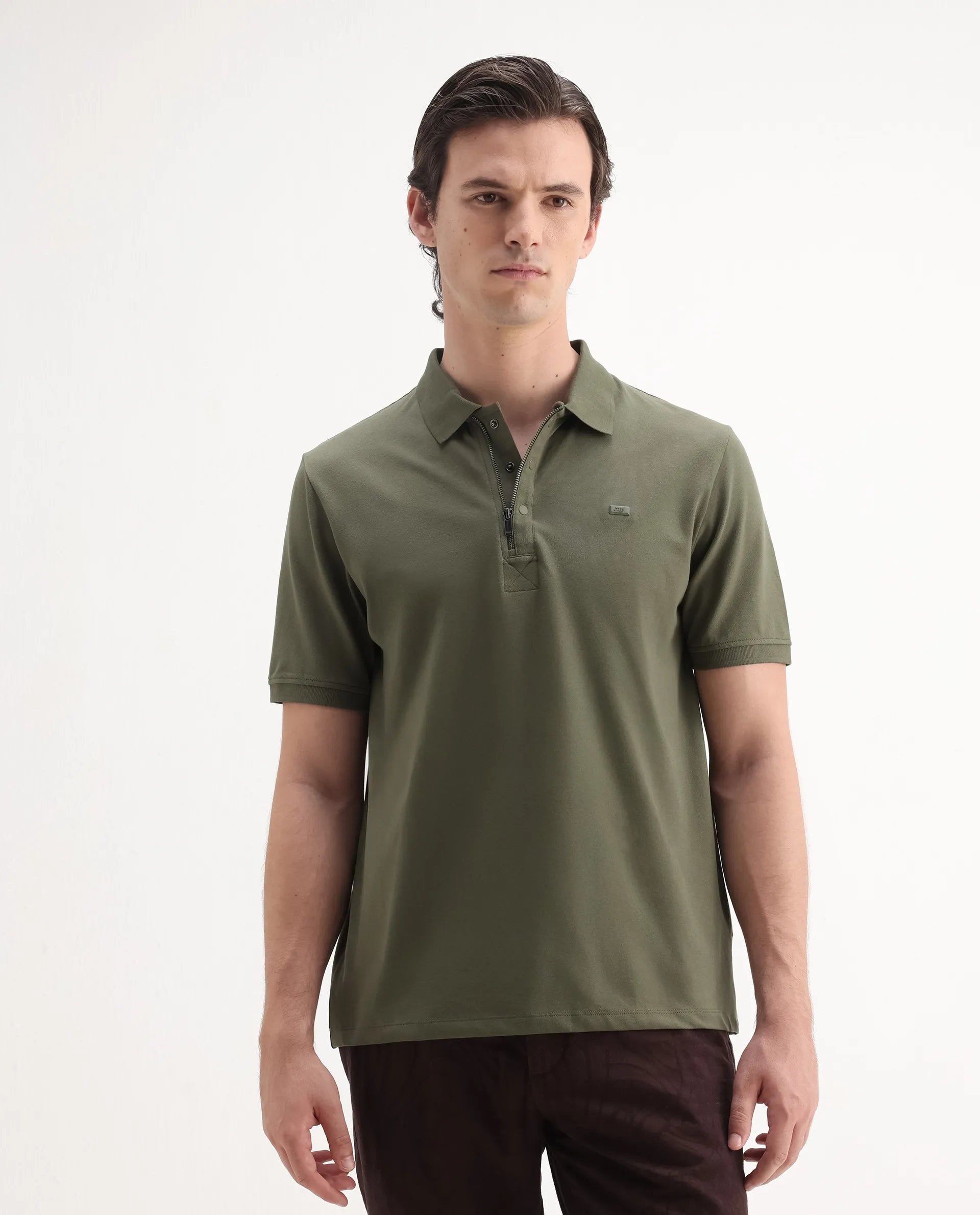 Rare Rabbit Men's Salis2 Light Olive Cotton Plain Regular Fit Half Sleeve Polo