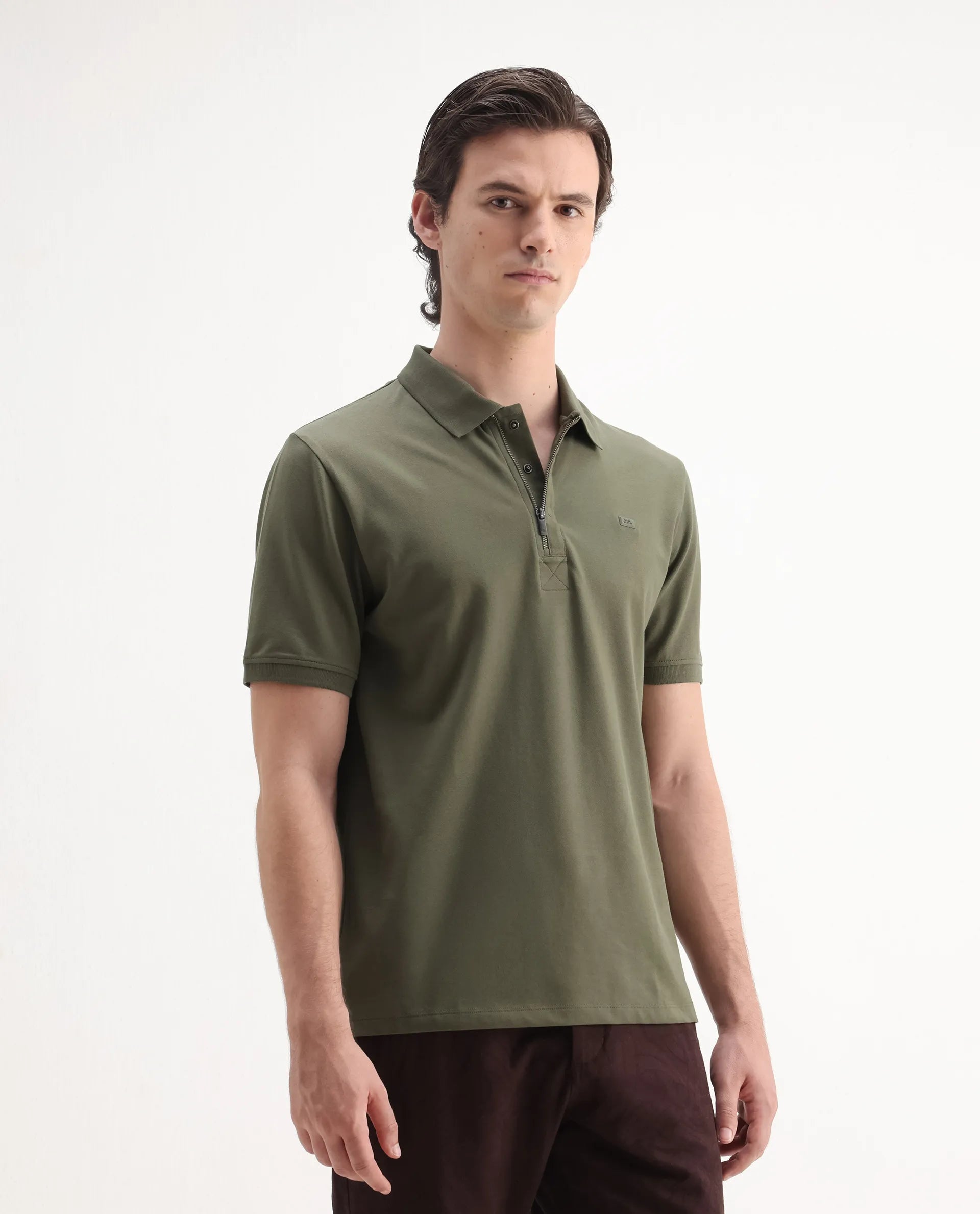 Rare Rabbit Men's Salis2 Light Olive Cotton Plain Regular Fit Half Sleeve Polo