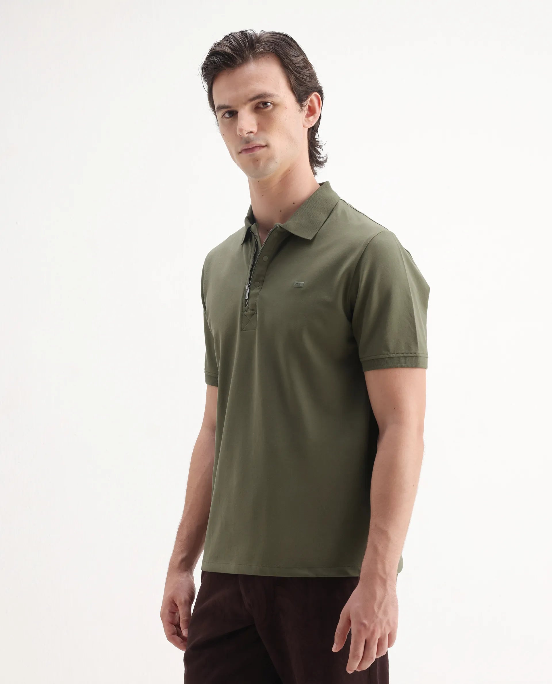 Rare Rabbit Men's Salis2 Light Olive Cotton Plain Regular Fit Half Sleeve Polo