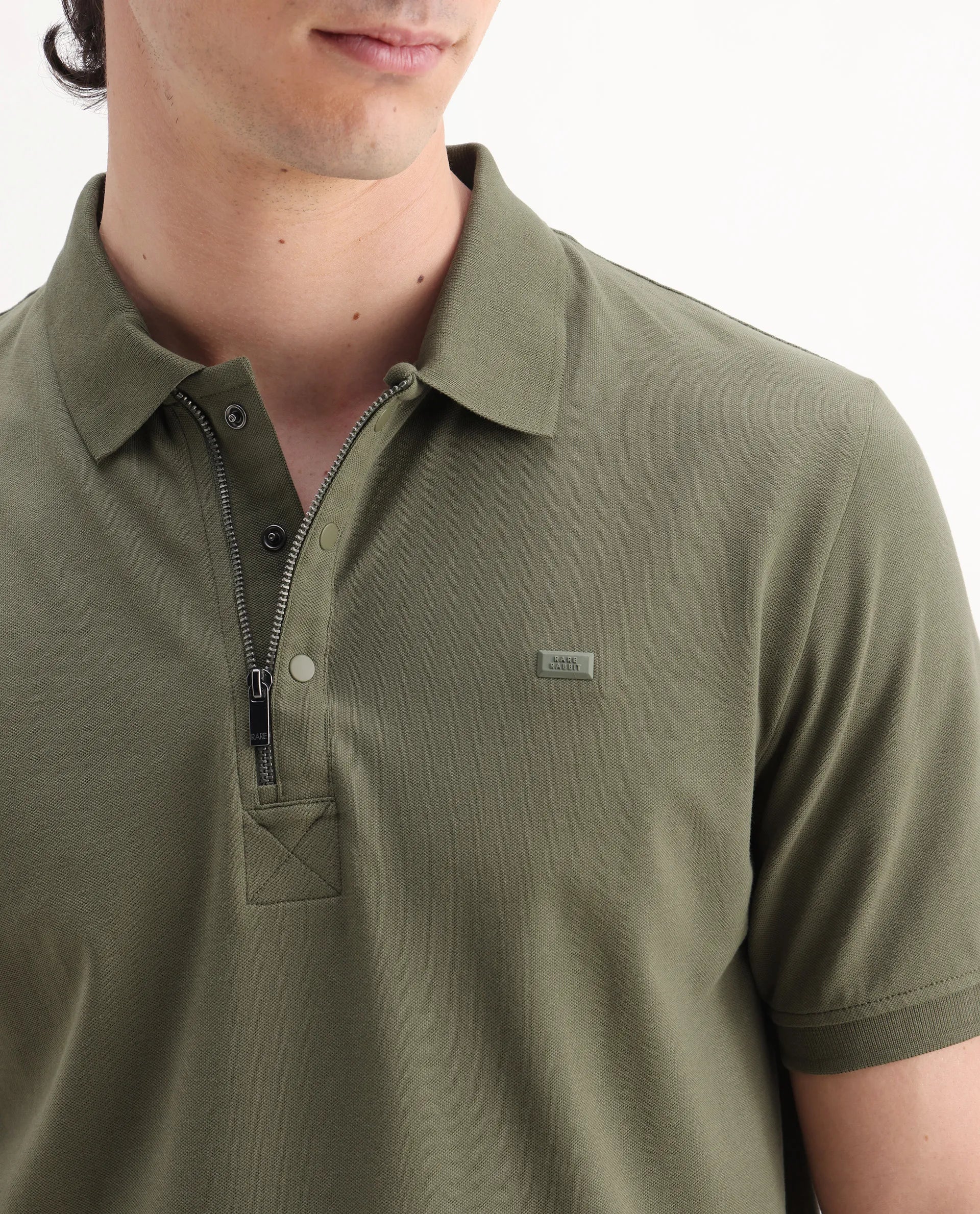 Rare Rabbit Men's Salis2 Light Olive Cotton Plain Regular Fit Half Sleeve Polo