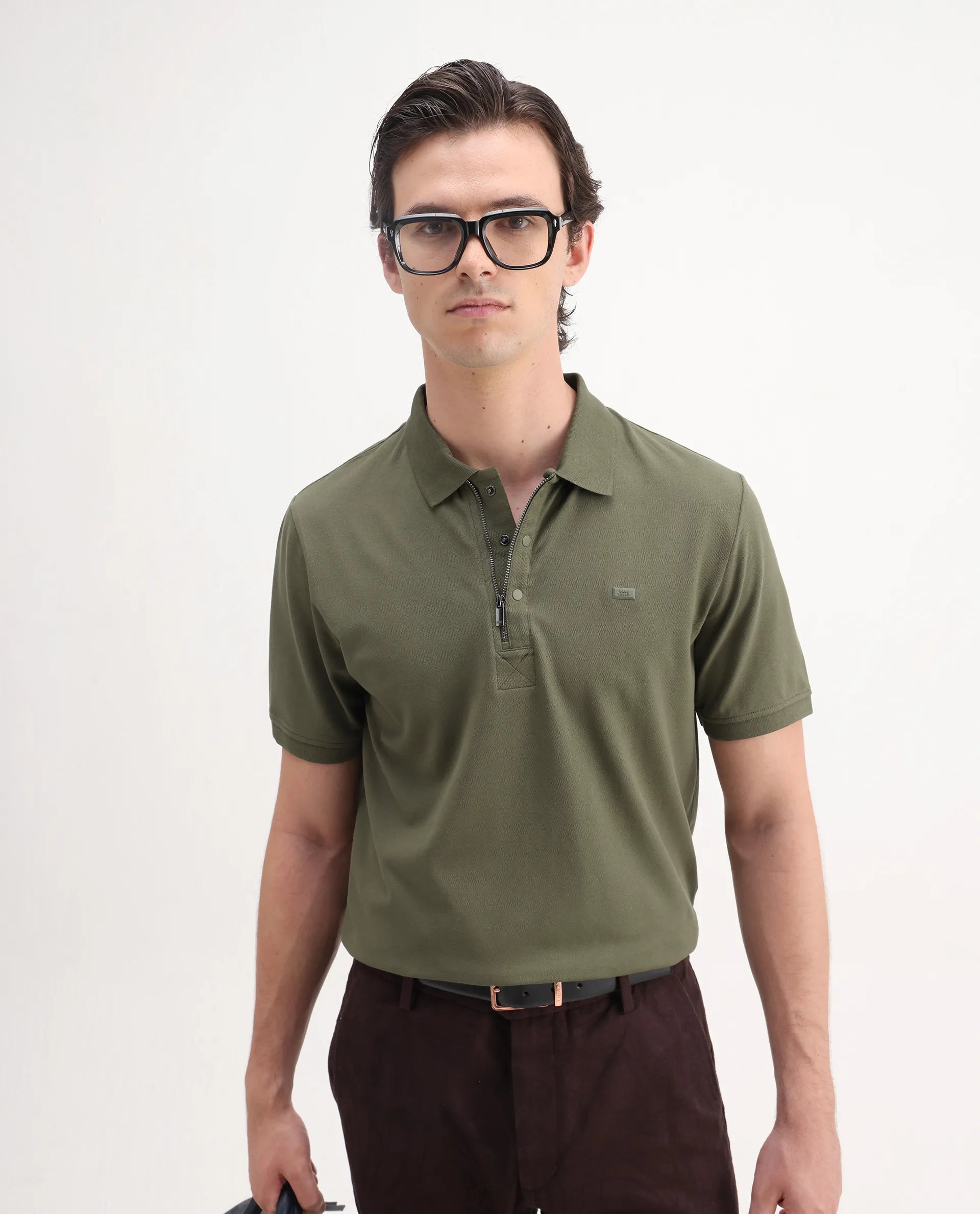 Rare Rabbit Men's Salis2 Light Olive Cotton Plain Regular Fit Half Sleeve Polo