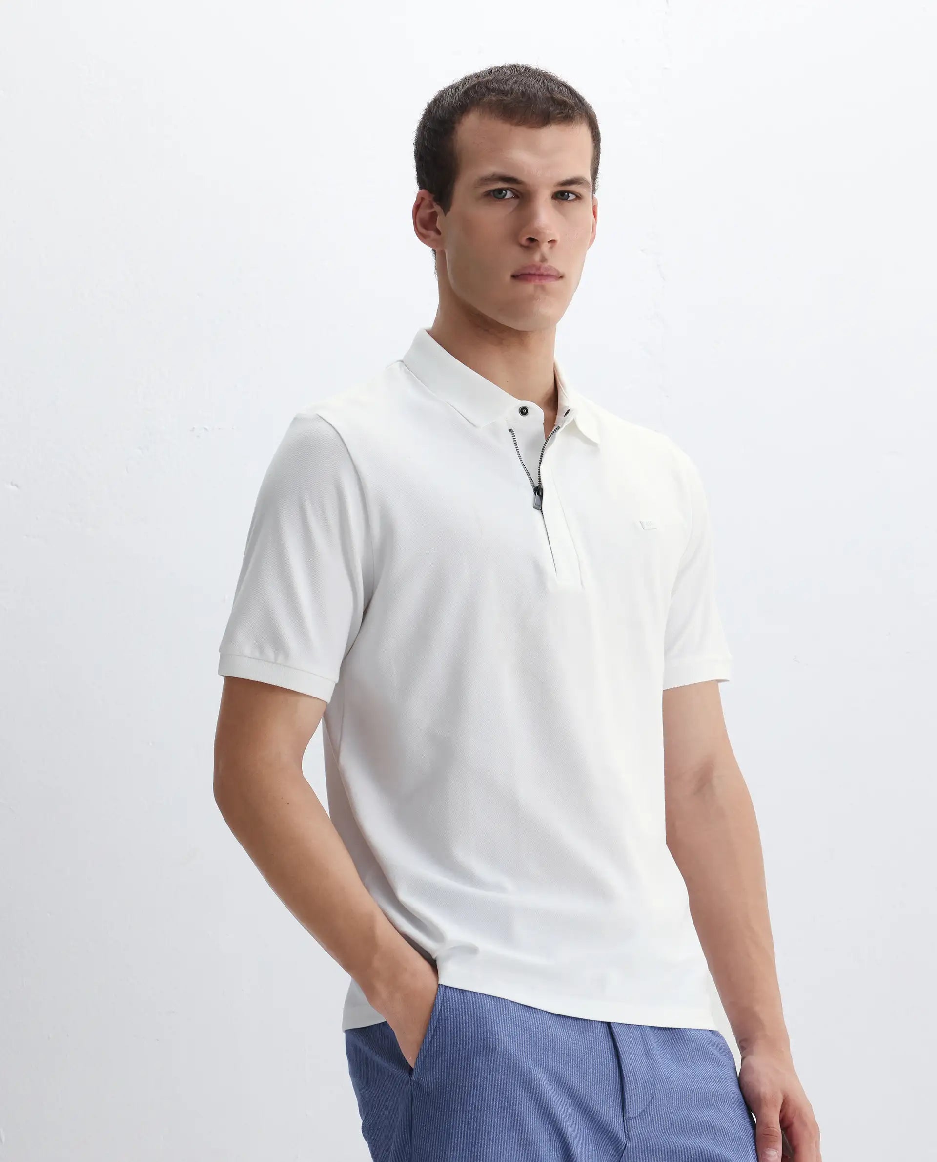 Rare Rabbit Men's Salis-2 White Cotton Plain Regular Fit Half Sleeve Polo