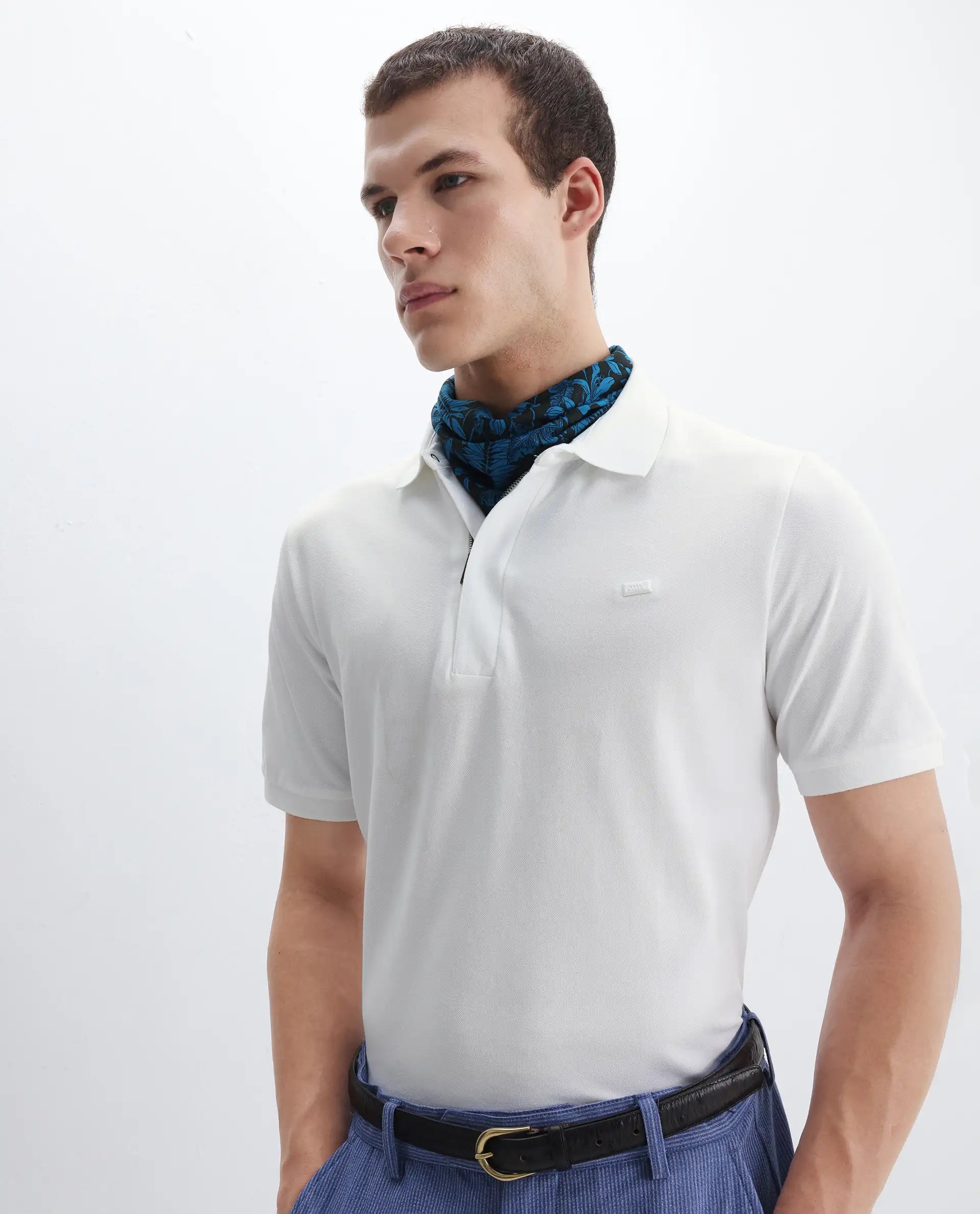 Rare Rabbit Men's Salis-2 White Cotton Plain Regular Fit Half Sleeve Polo