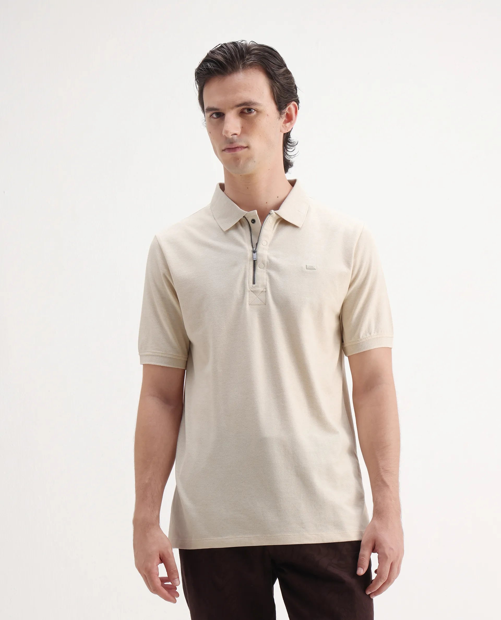 Rare Rabbit Men's Salis Mel Beige Cotton Blend Plain Regular Fit Half Sleeve Polo