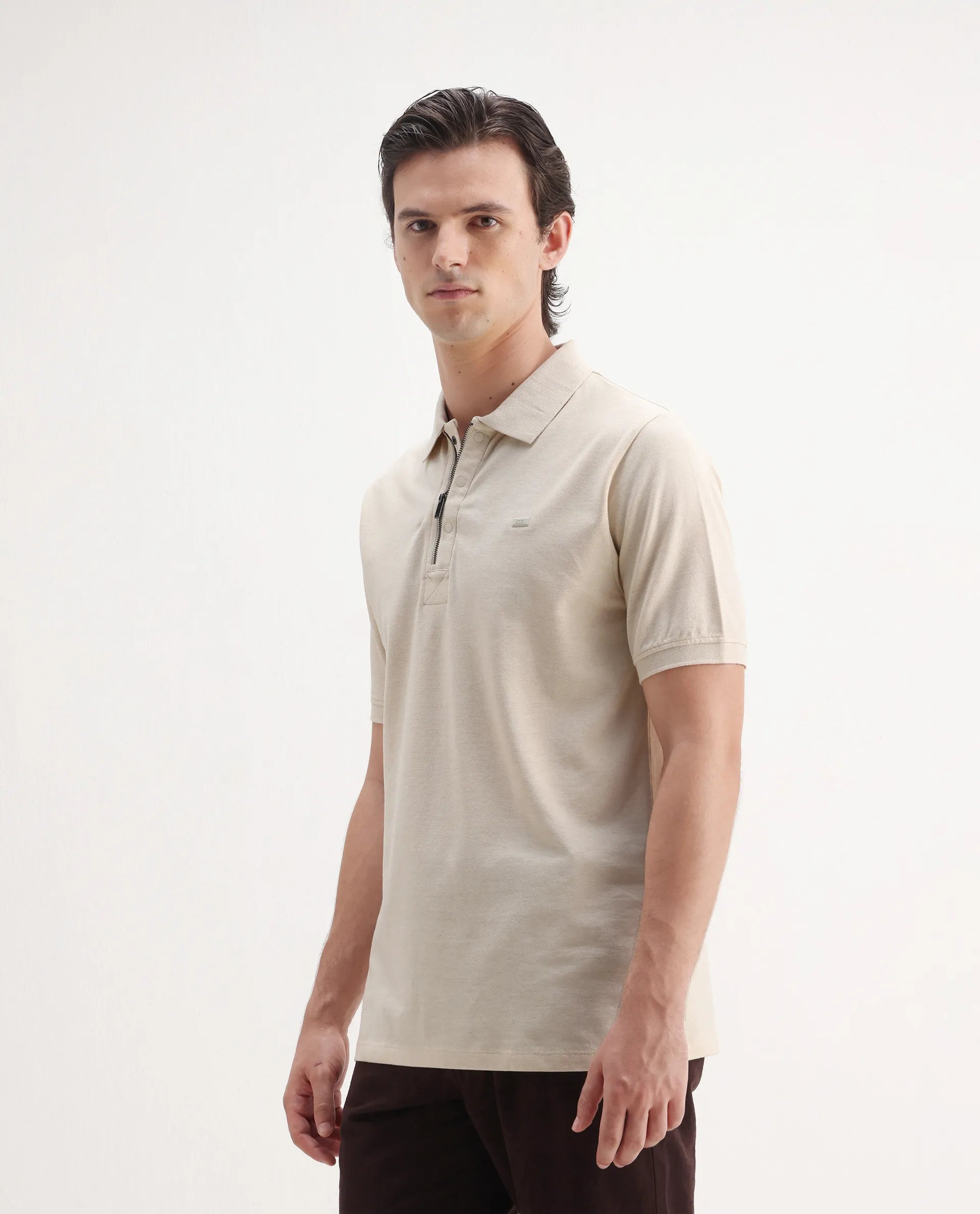 Rare Rabbit Men's Salis Mel Beige Cotton Blend Plain Regular Fit Half Sleeve Polo