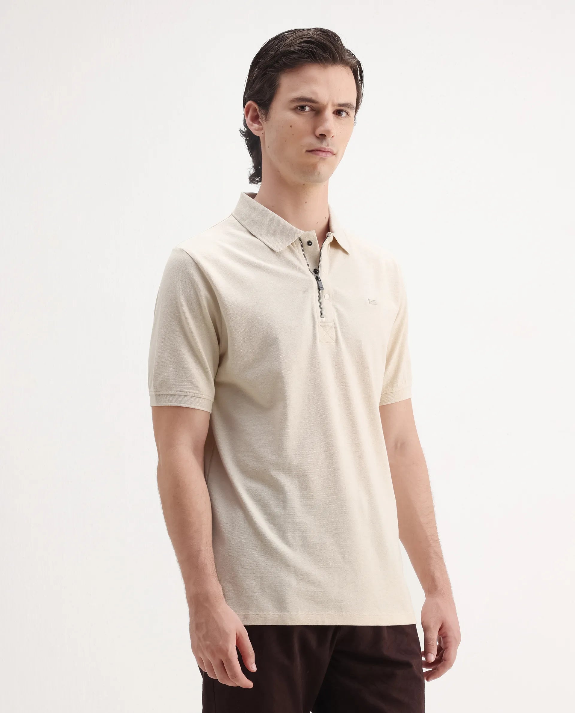 Rare Rabbit Men's Salis Mel Beige Cotton Blend Plain Regular Fit Half Sleeve Polo