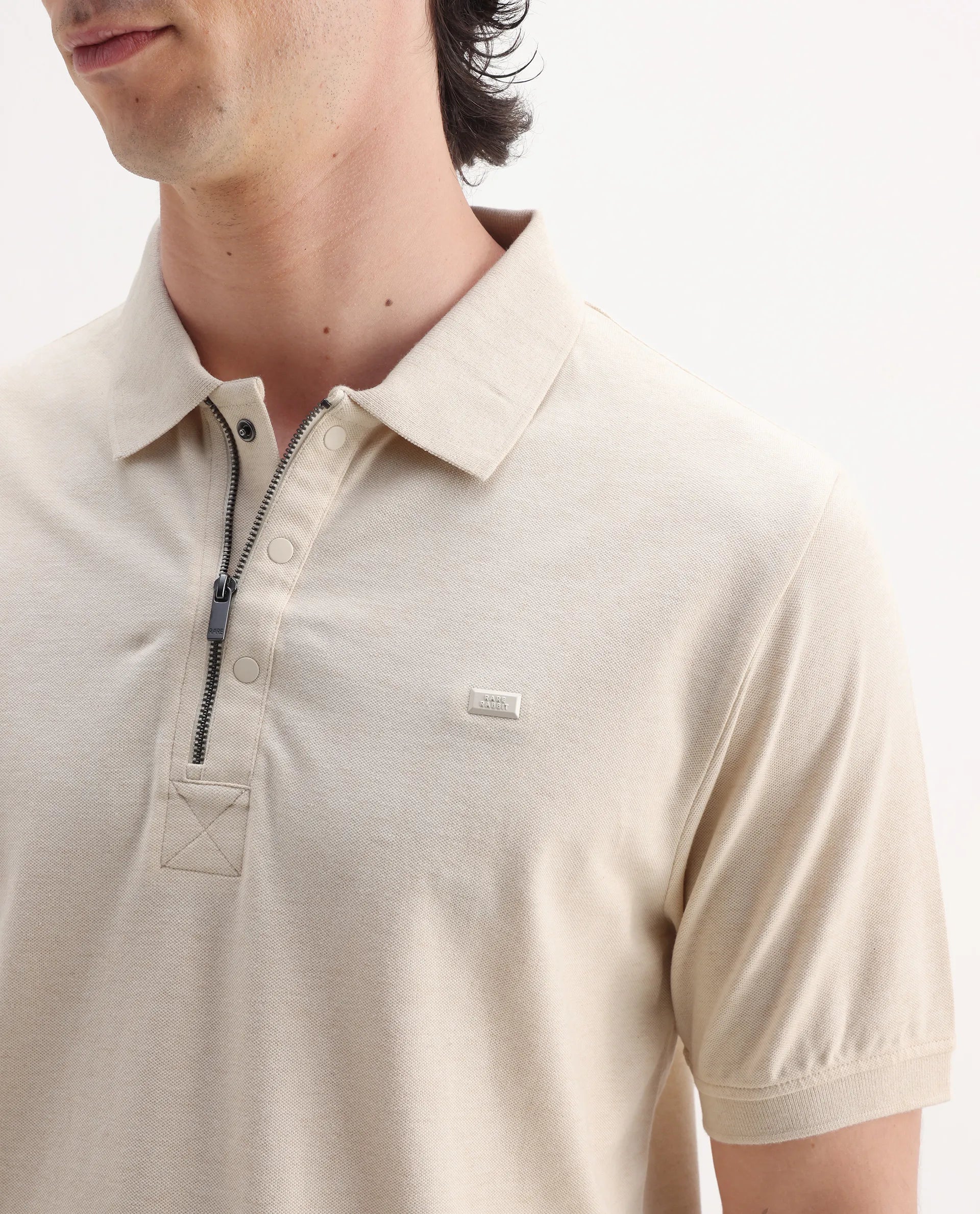 Rare Rabbit Men's Salis Mel Beige Cotton Blend Plain Regular Fit Half Sleeve Polo
