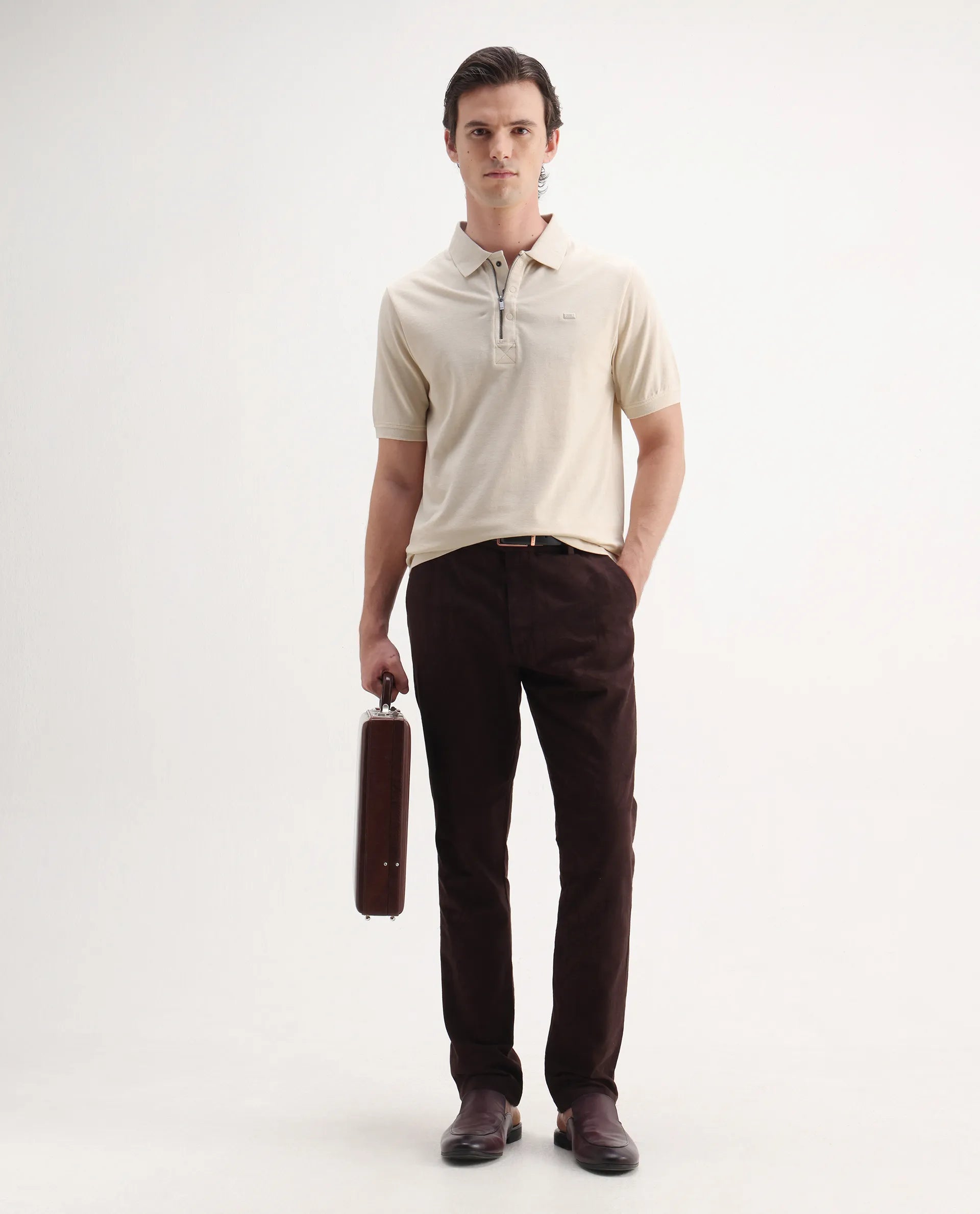 Rare Rabbit Men's Salis Mel Beige Cotton Blend Plain Regular Fit Half Sleeve Polo