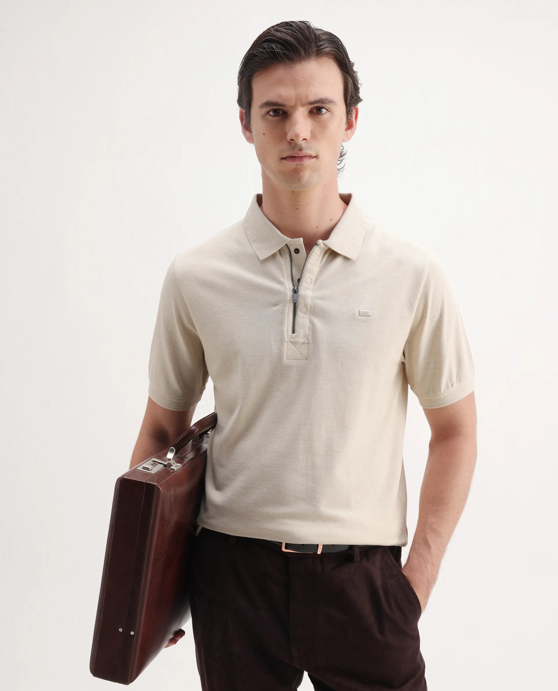 Rare Rabbit Men's Salis Mel Beige Cotton Blend Plain Regular Fit Half Sleeve Polo