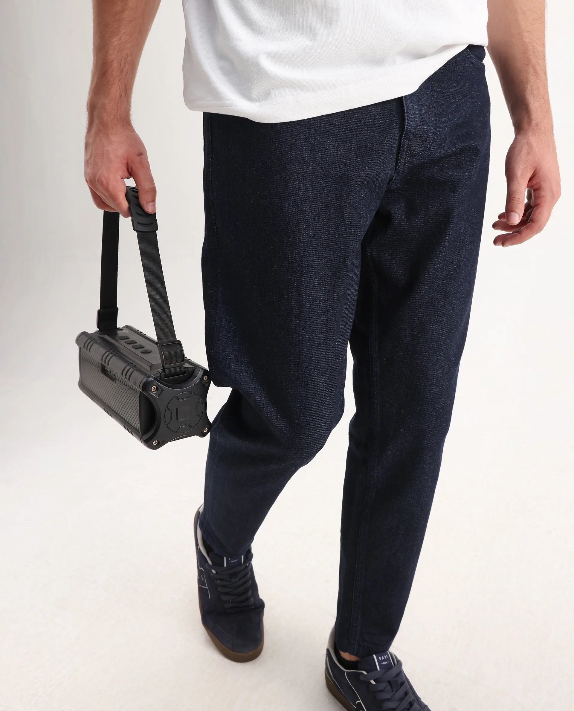 Rare Rabbit Men's Sam Dark Blue Cotton Plain Kurt Carrot Fit Jeans