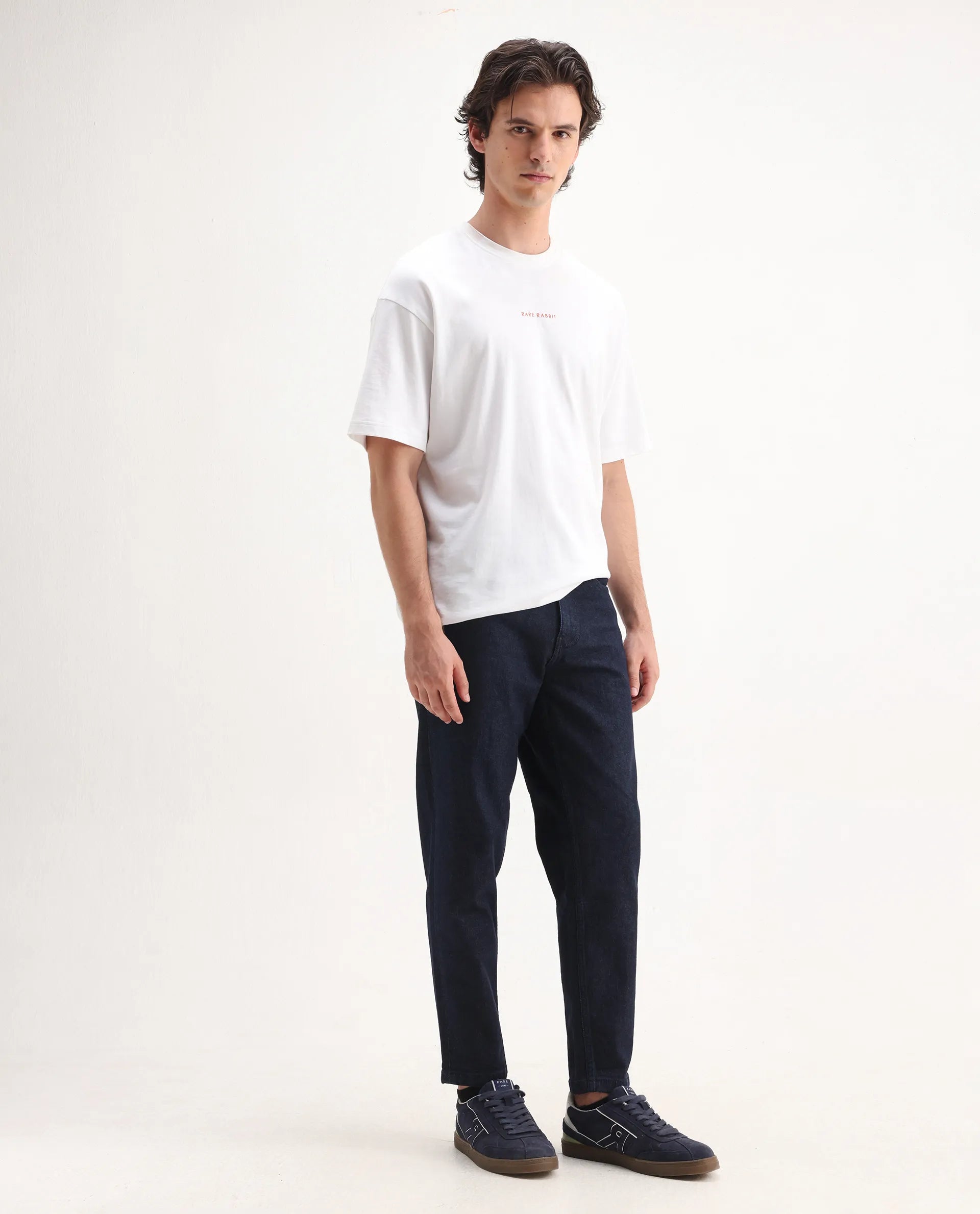 Rare Rabbit Men's Sam Dark Blue Cotton Plain Kurt Carrot Fit Jeans