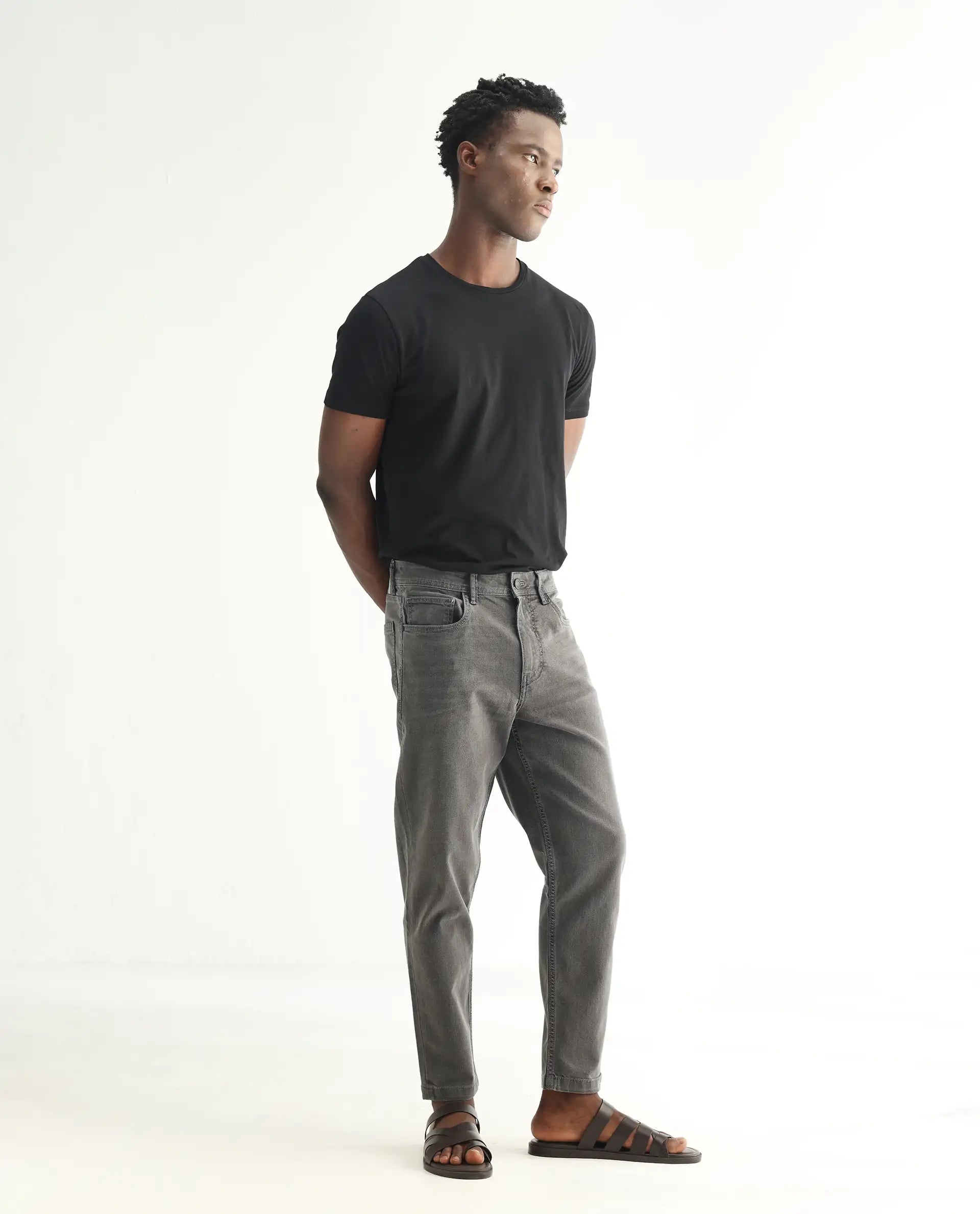 Rare Rabbit Men's Sam Grey Cotton Plain Kurt Carrot Fit Jeans