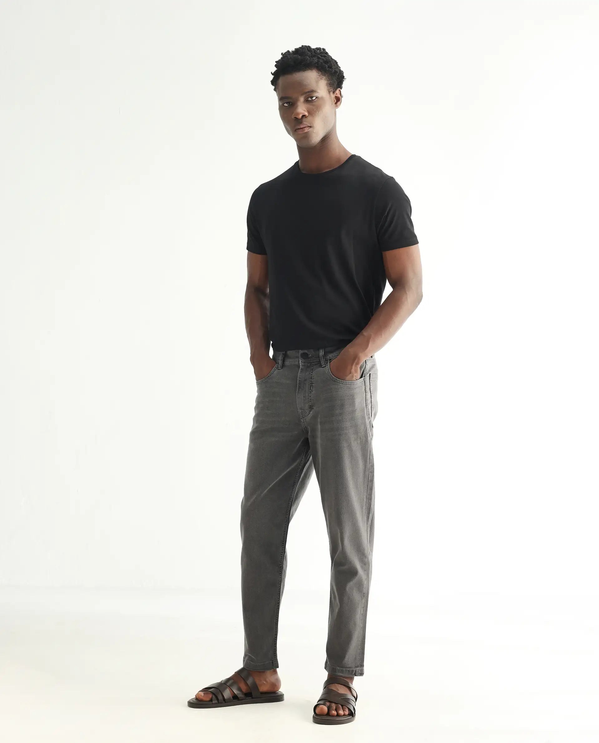 Rare Rabbit Men's Sam Grey Cotton Plain Kurt Carrot Fit Jeans