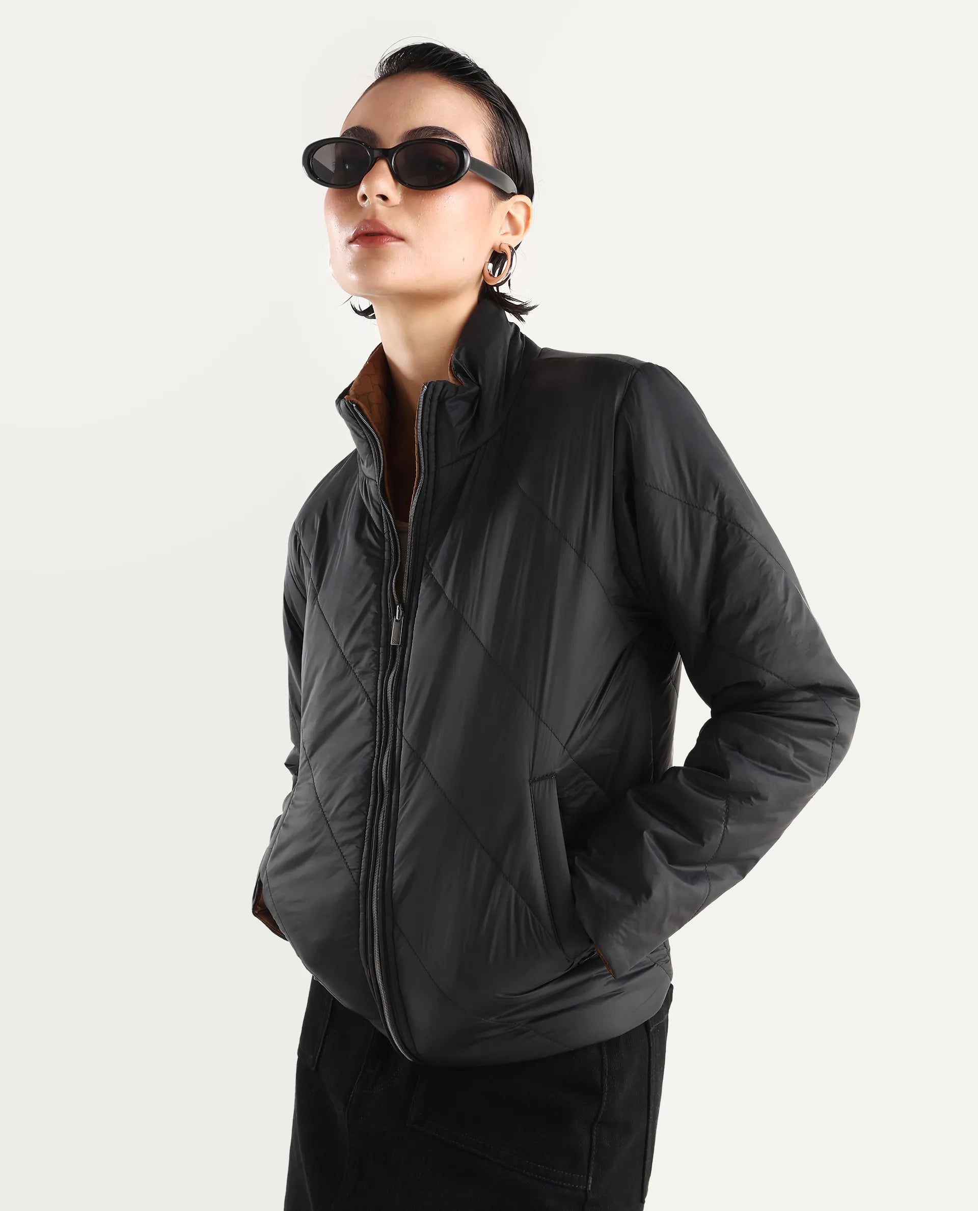 Rareism Women's Sapell Black Stand Collar Monogram Print Boxy Fit Jacket