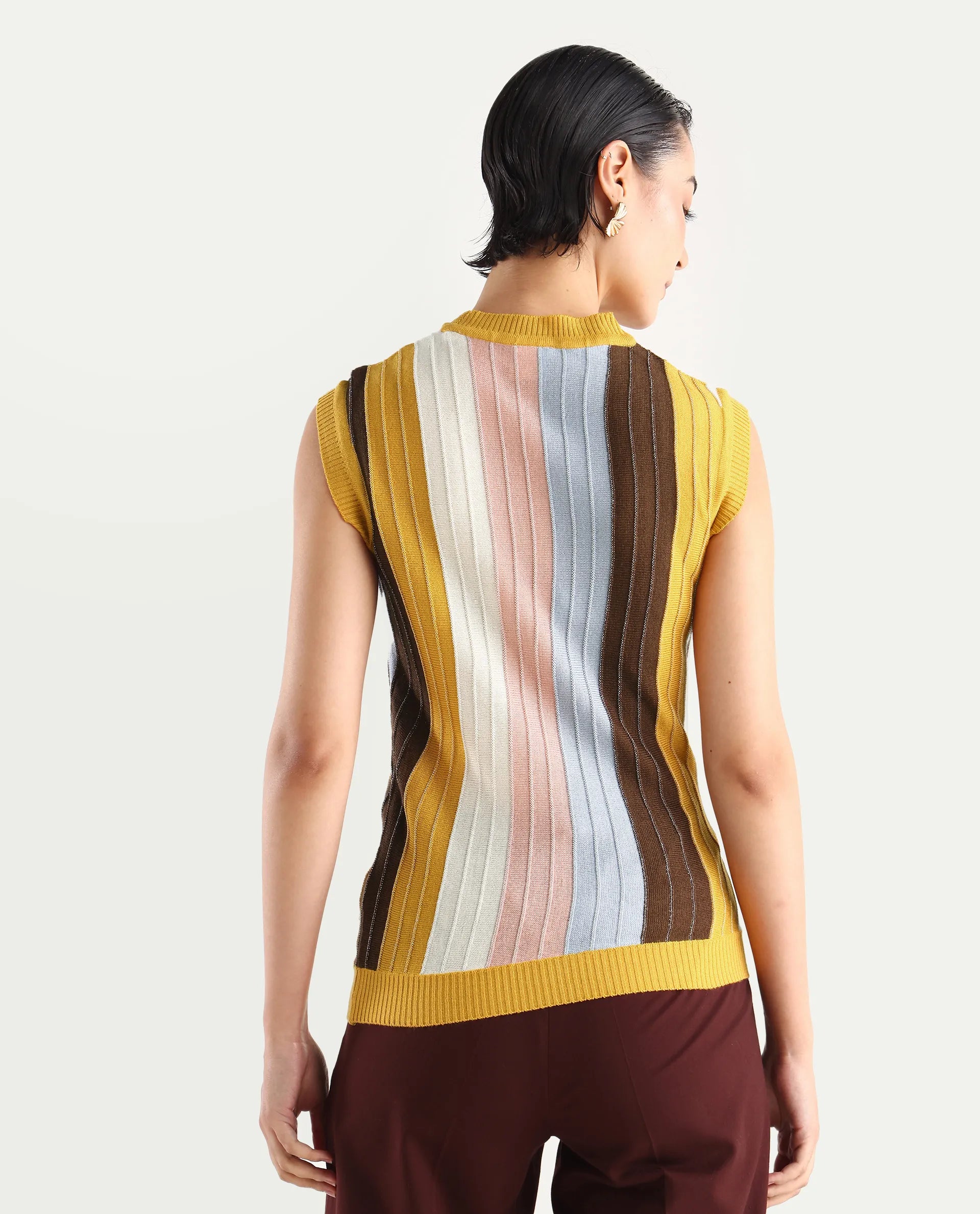 Rareism Women's Saronara Multi Acrylic Crew Neck Striped Sleeveless Regular Fit Top