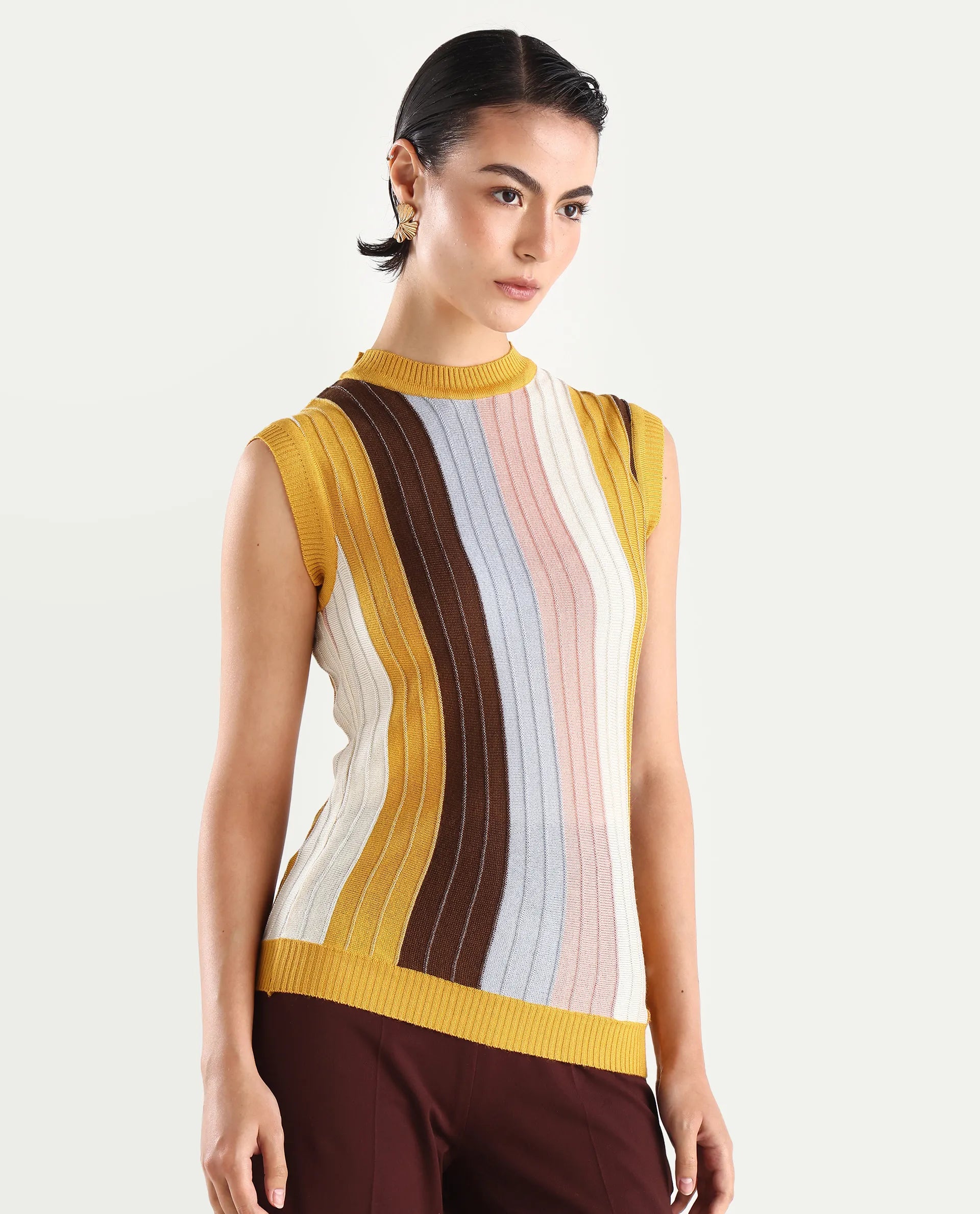 Rareism Women's Saronara Multi Acrylic Crew Neck Striped Sleeveless Regular Fit Top