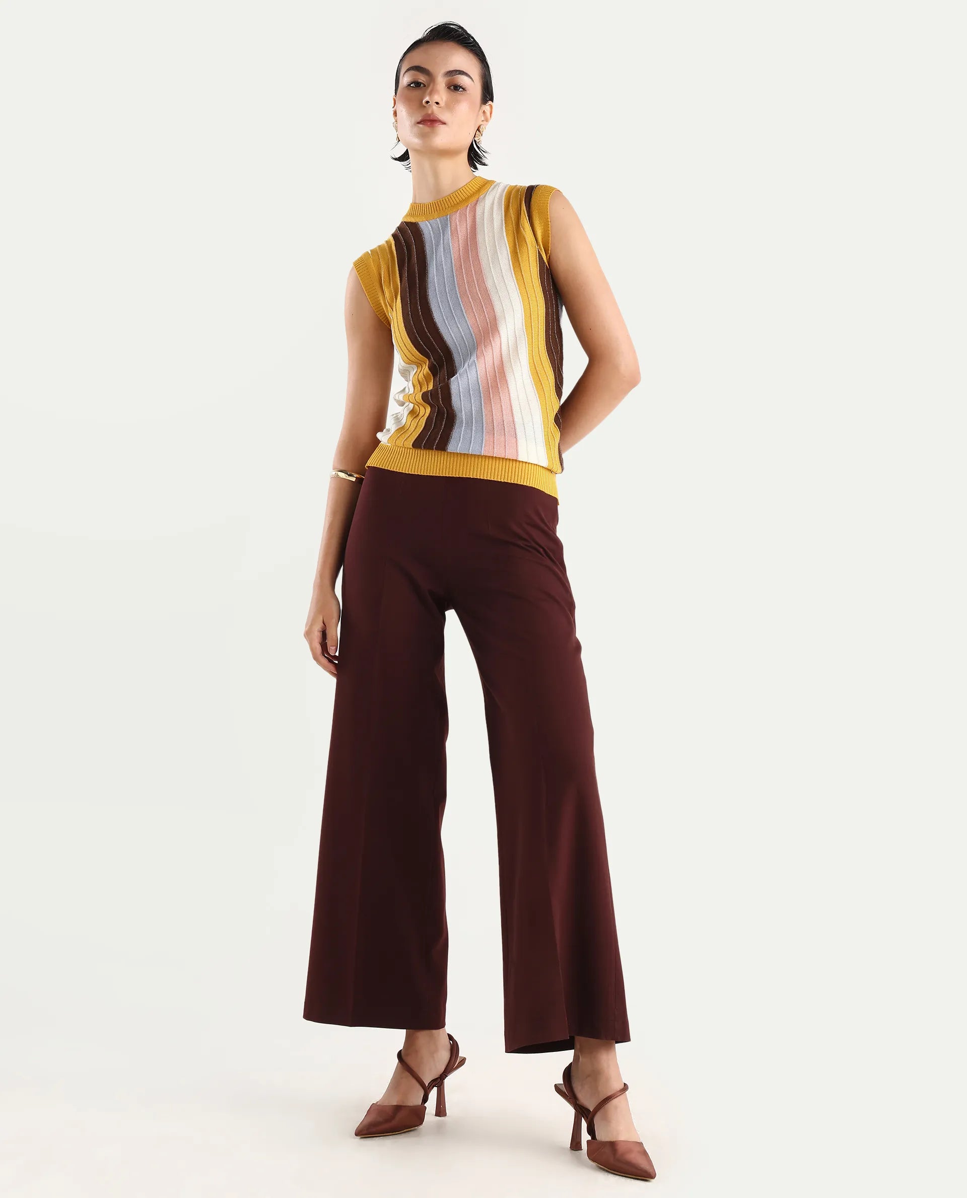 Rareism Women's Saronara Multi Acrylic Crew Neck Striped Sleeveless Regular Fit Top