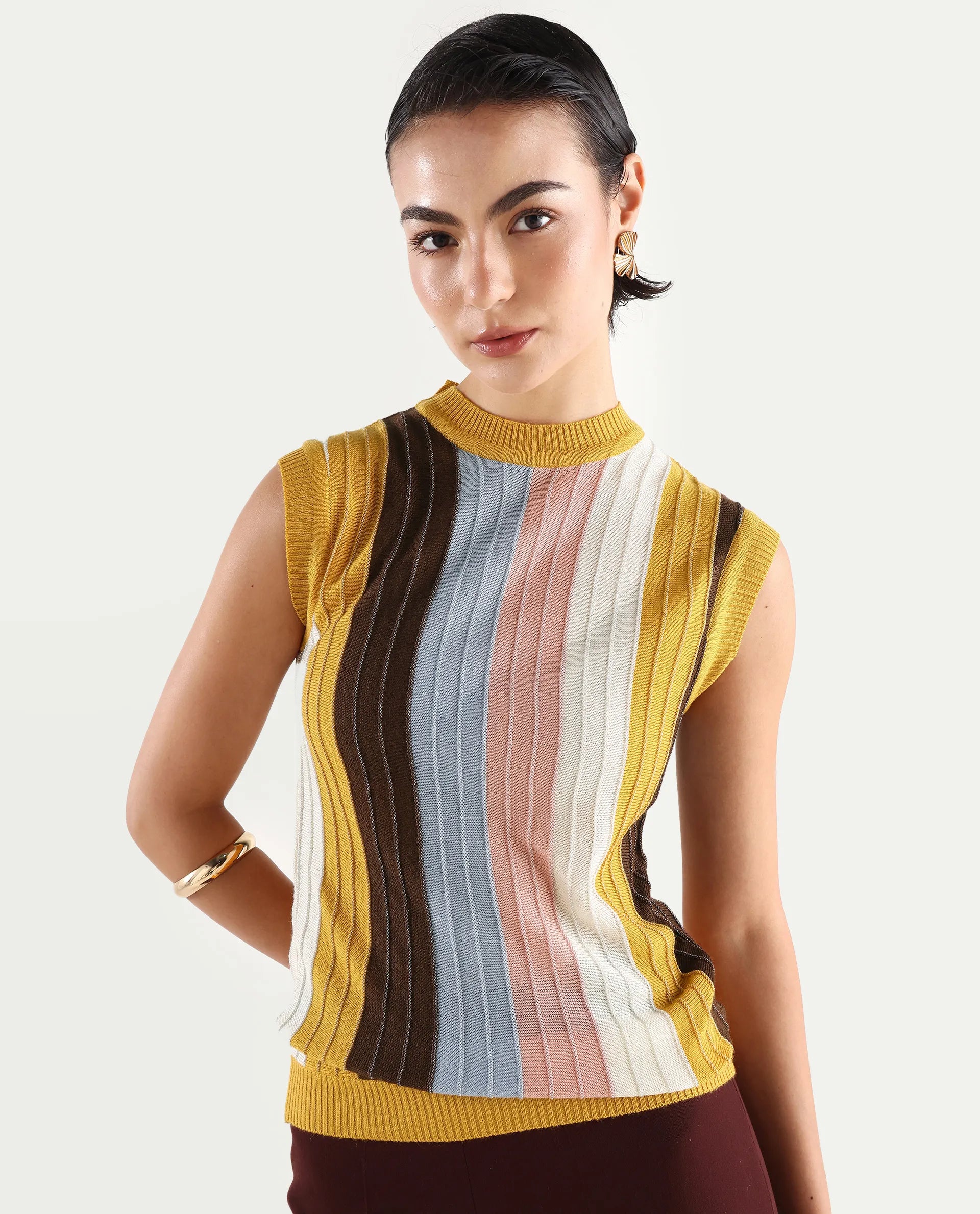 Rareism Women's Saronara Multi Acrylic Crew Neck Striped Sleeveless Regular Fit Top