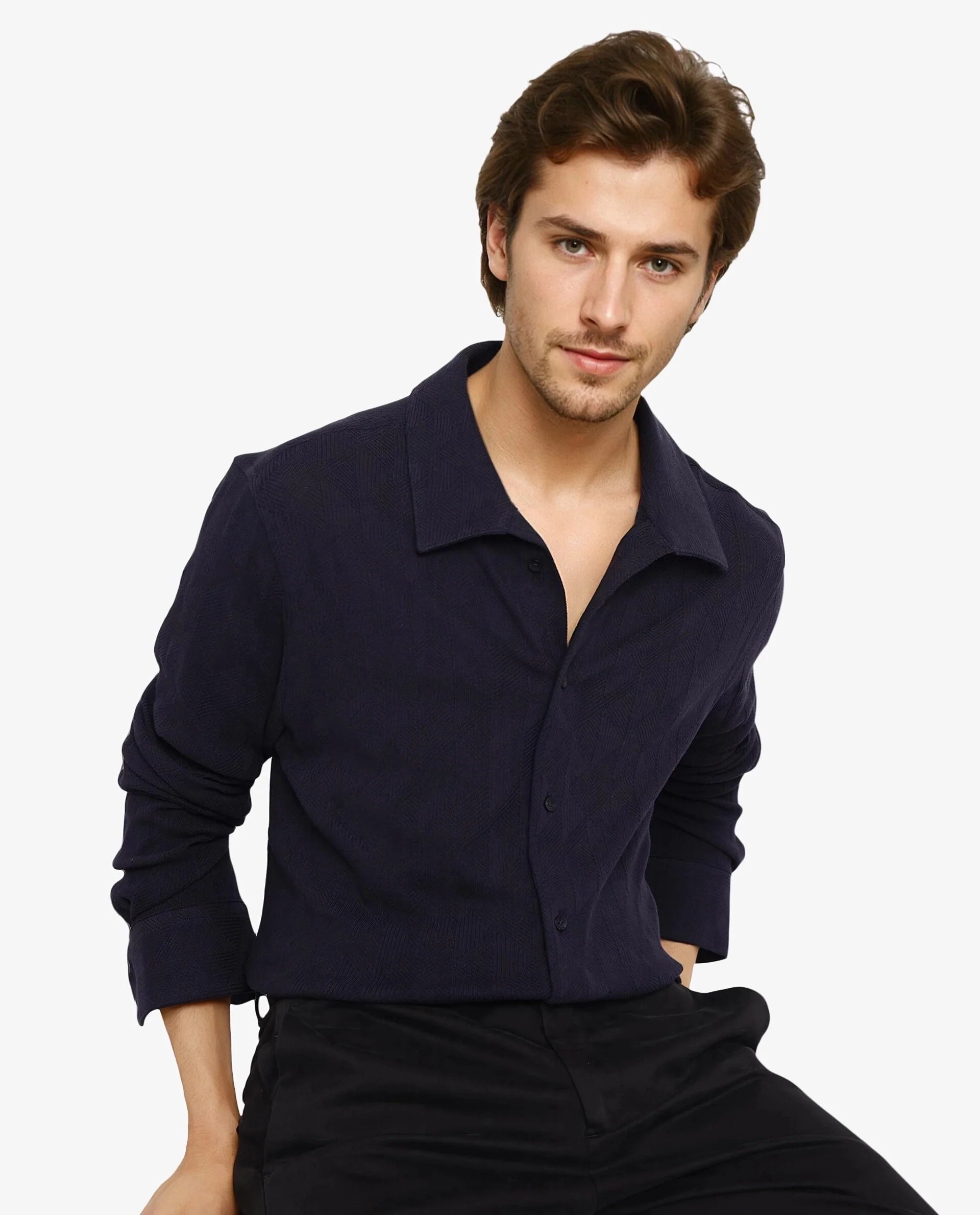 Rare Rabbit Men Sation Navy Full Sleeve Collared Neck Button Closure Regular Fit Jacquard Knit Shirt