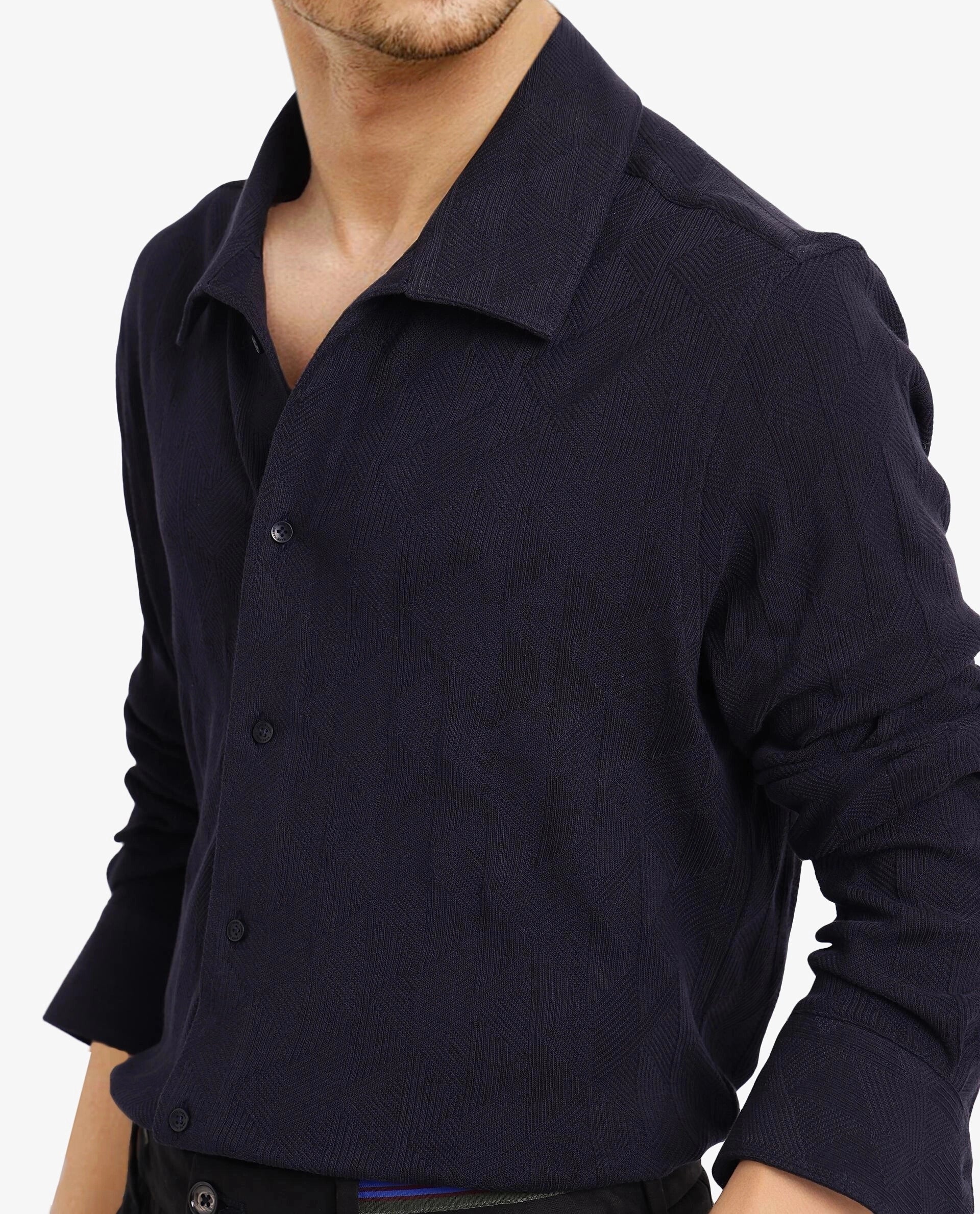 Rare Rabbit Men Sation Navy Full Sleeve Collared Neck Button Closure Regular Fit Jacquard Knit Shirt