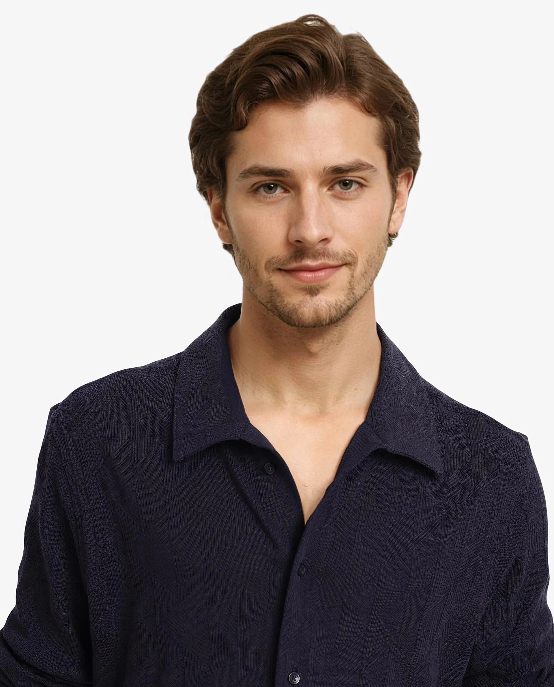 Rare Rabbit Men Sation Navy Full Sleeve Collared Neck Button Closure Regular Fit Jacquard Knit Shirt