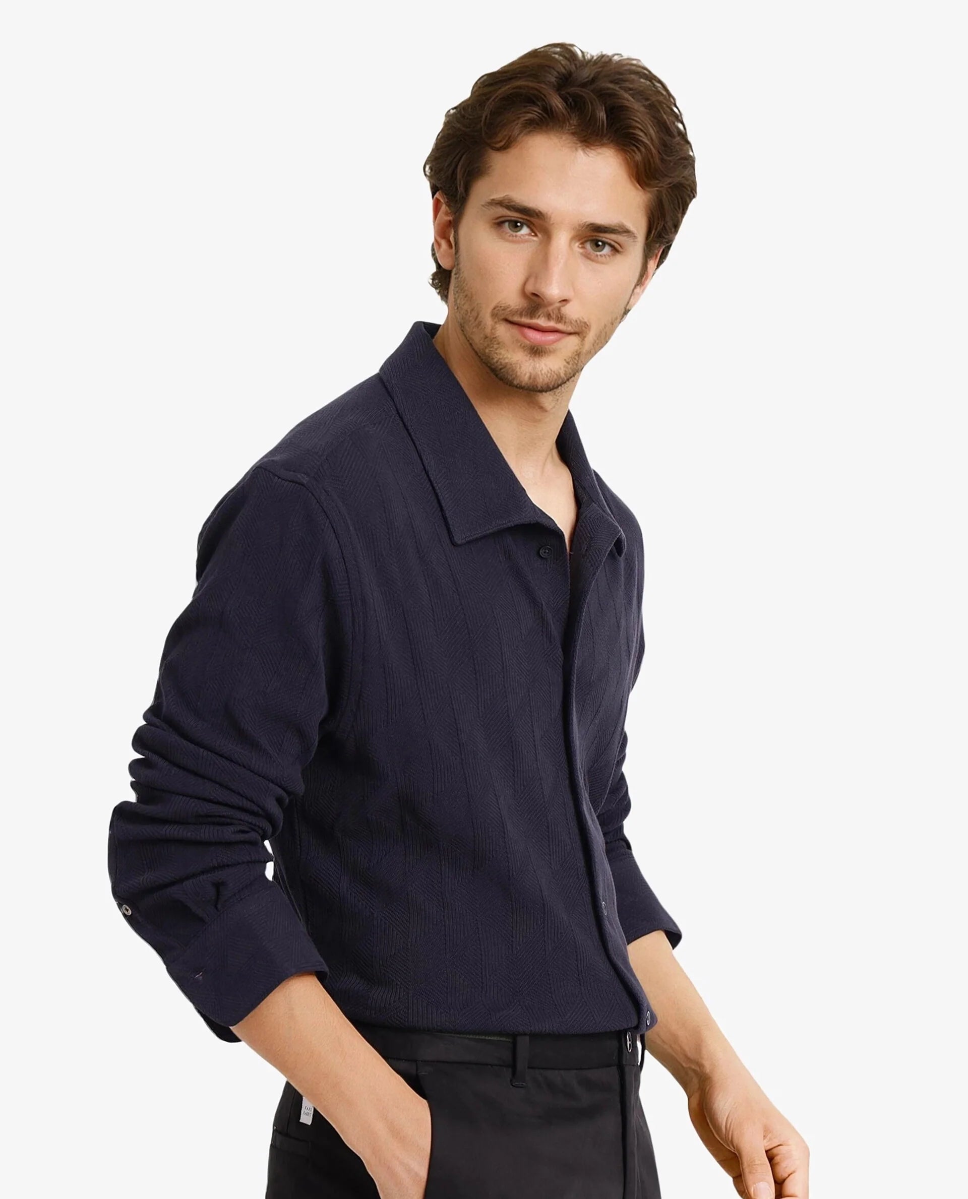 Rare Rabbit Men Sation Navy Full Sleeve Collared Neck Button Closure Regular Fit Jacquard Knit Shirt