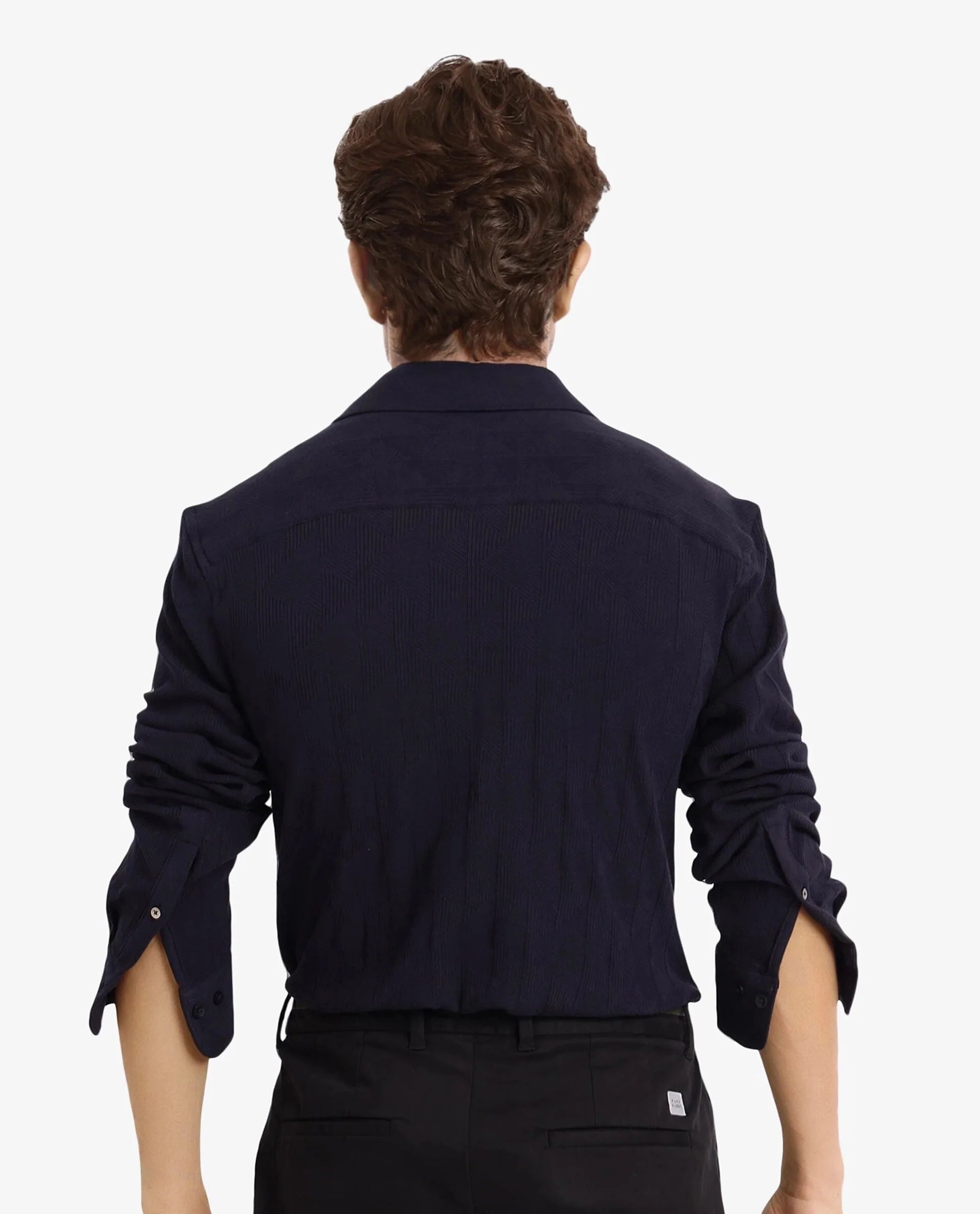 Rare Rabbit Men Sation Navy Full Sleeve Collared Neck Button Closure Regular Fit Jacquard Knit Shirt