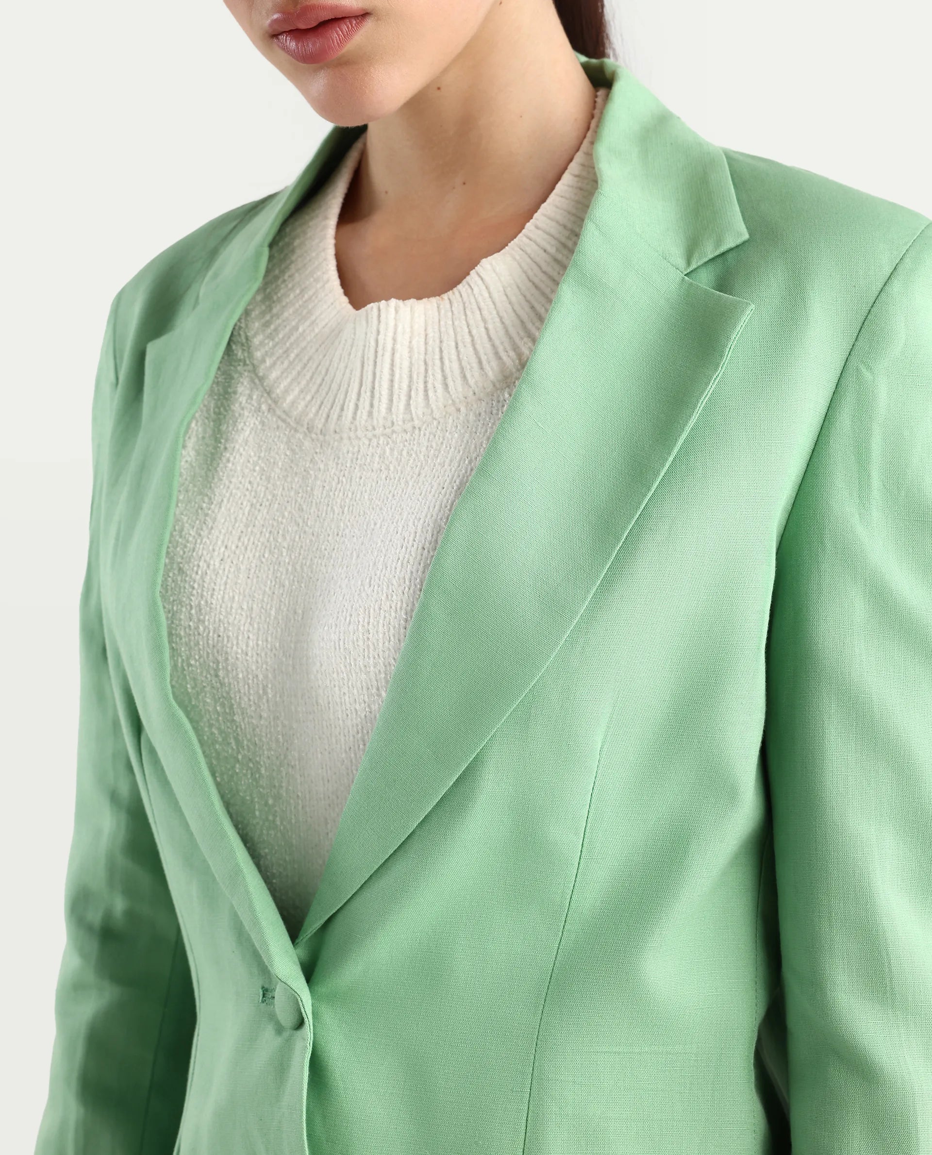 Rareism Women's Savriko Green Linen Lapel Neck Plain Regular Fit Blazer