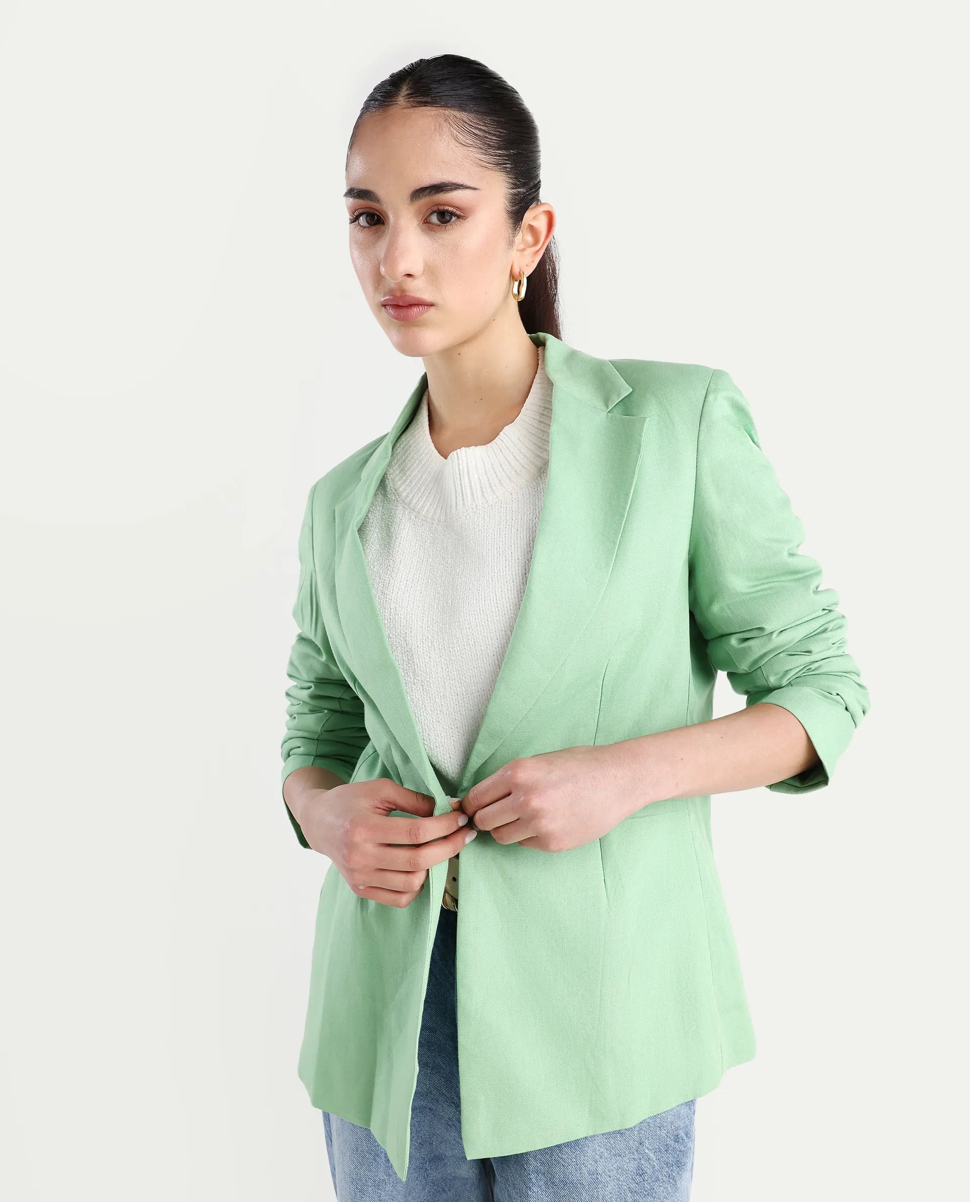 Rareism Women's Savriko Green Linen Lapel Neck Plain Regular Fit Blazer