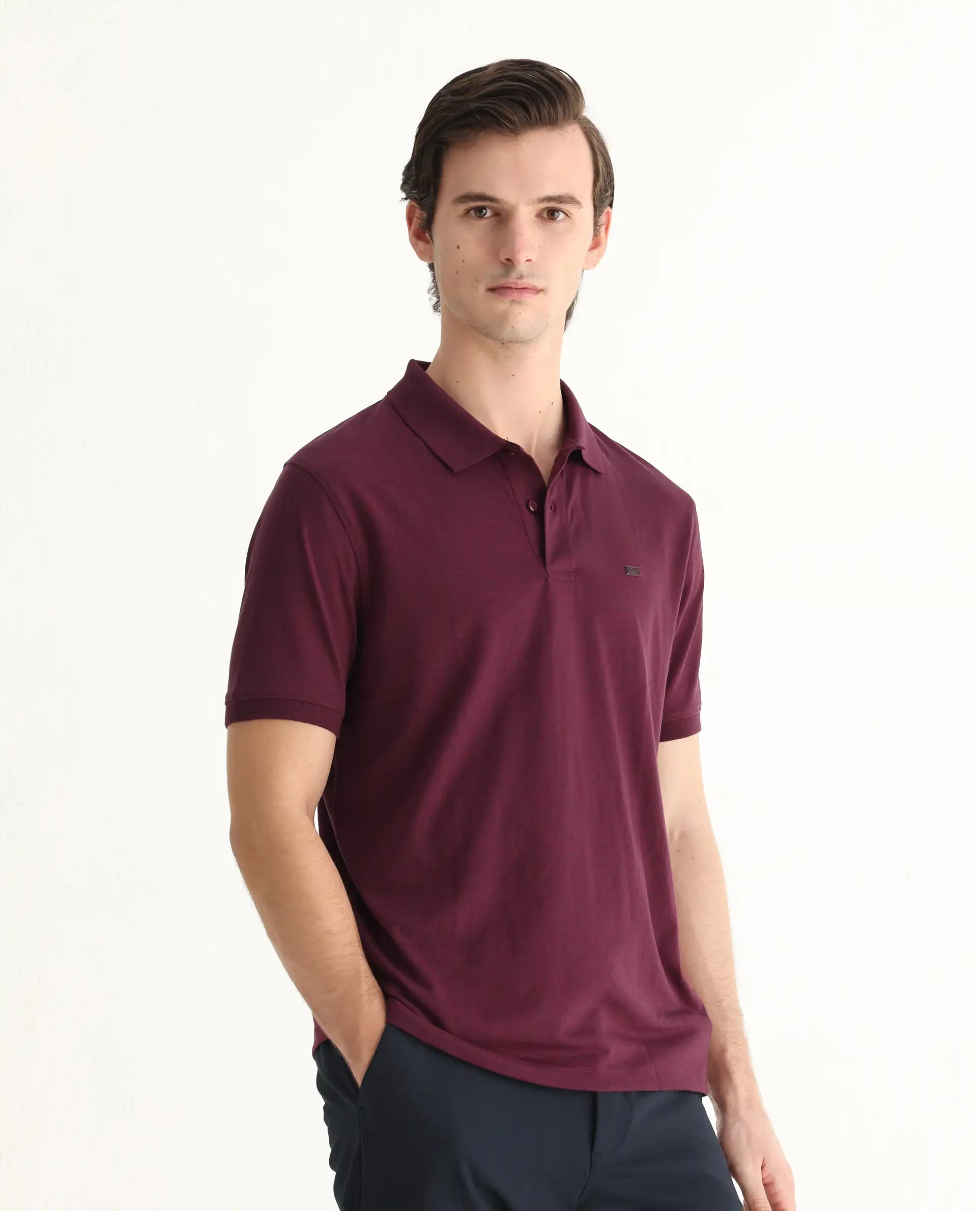 Rare Rabbit Men's Schop Light Maroon Cotton Plain Regular Fit Half Sleeve Polo