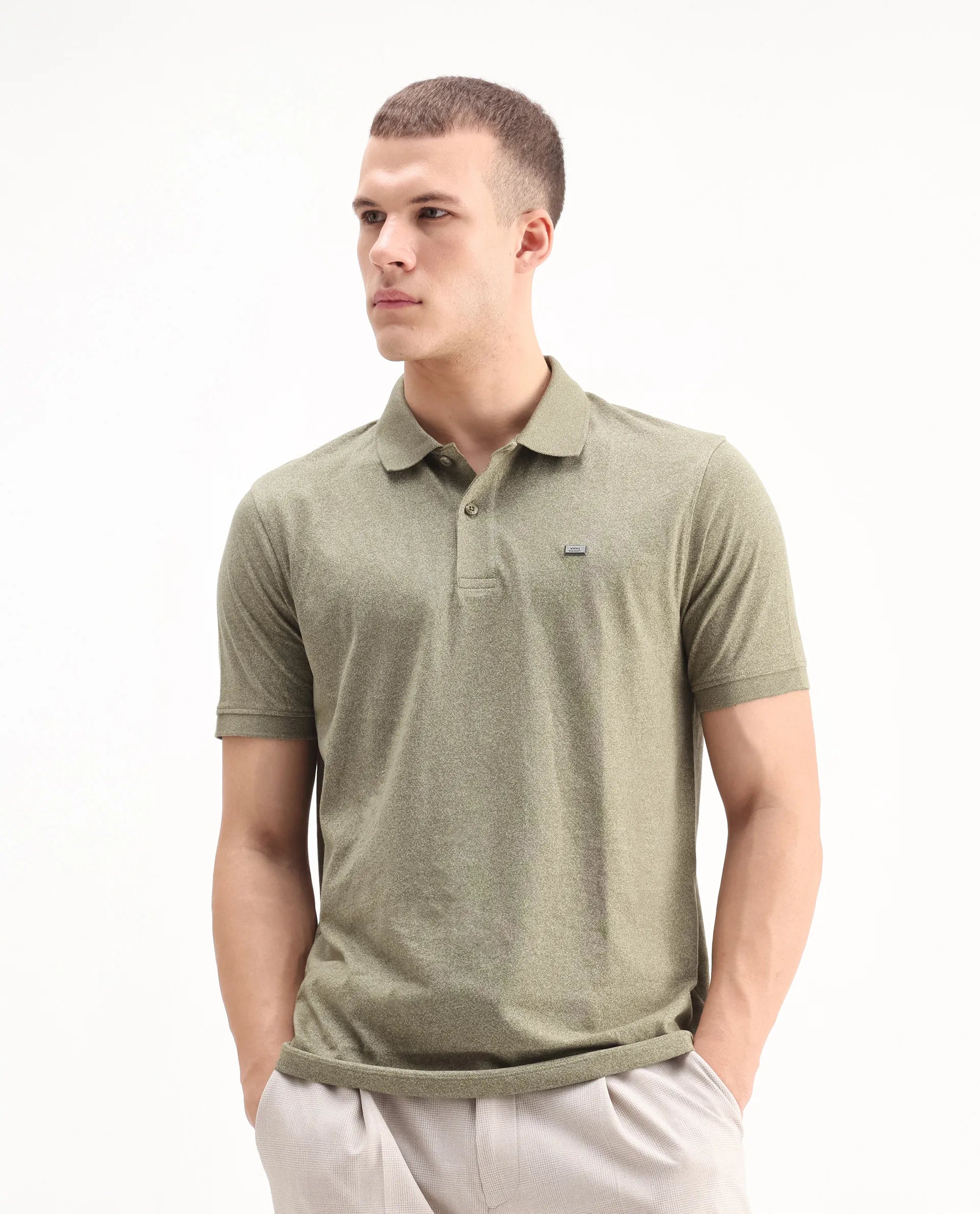 Rare Rabbit Men's Schop Olive Cotton Plain Regular Fit Half Sleeve Polo