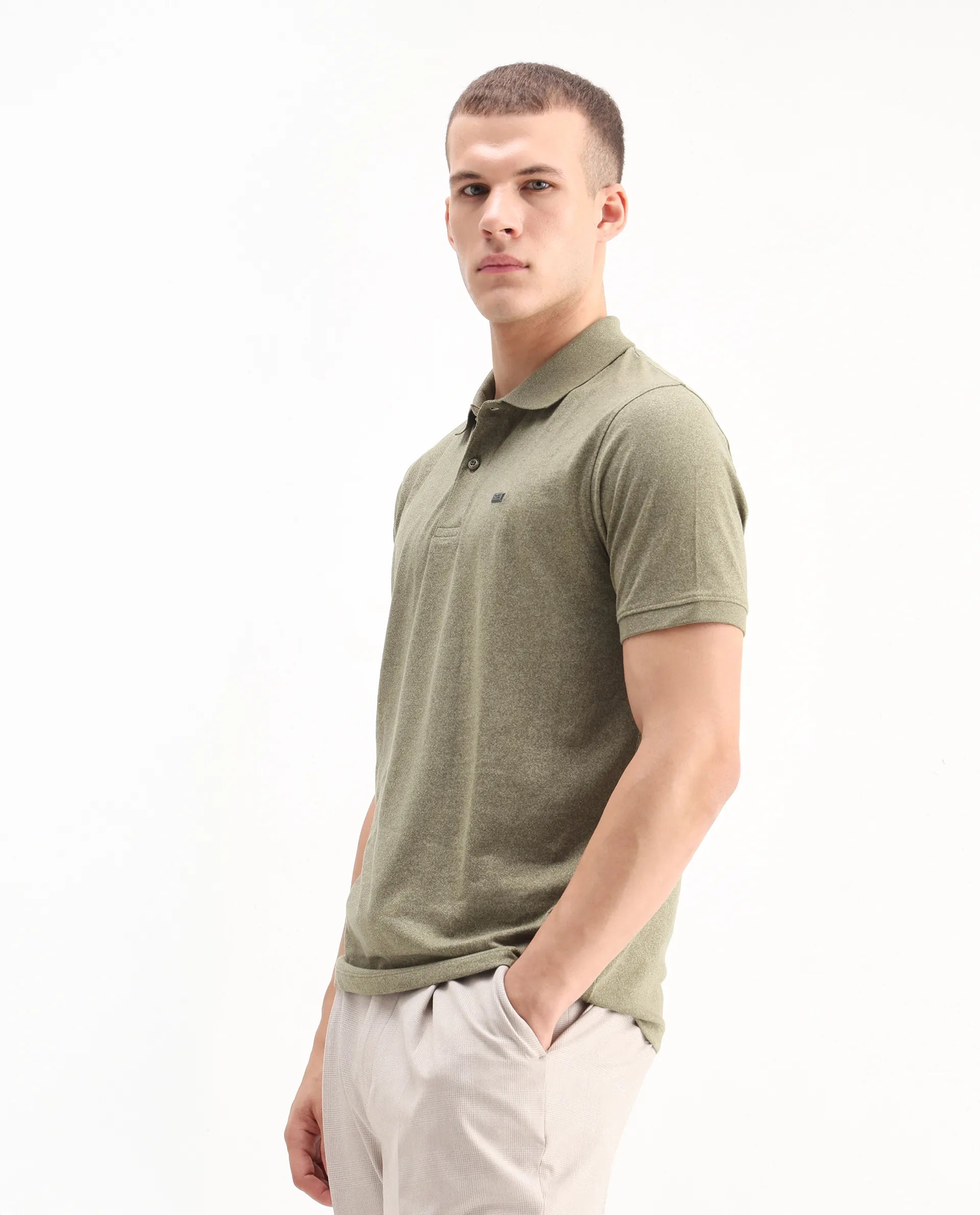 Rare Rabbit Men's Schop Olive Cotton Plain Regular Fit Half Sleeve Polo