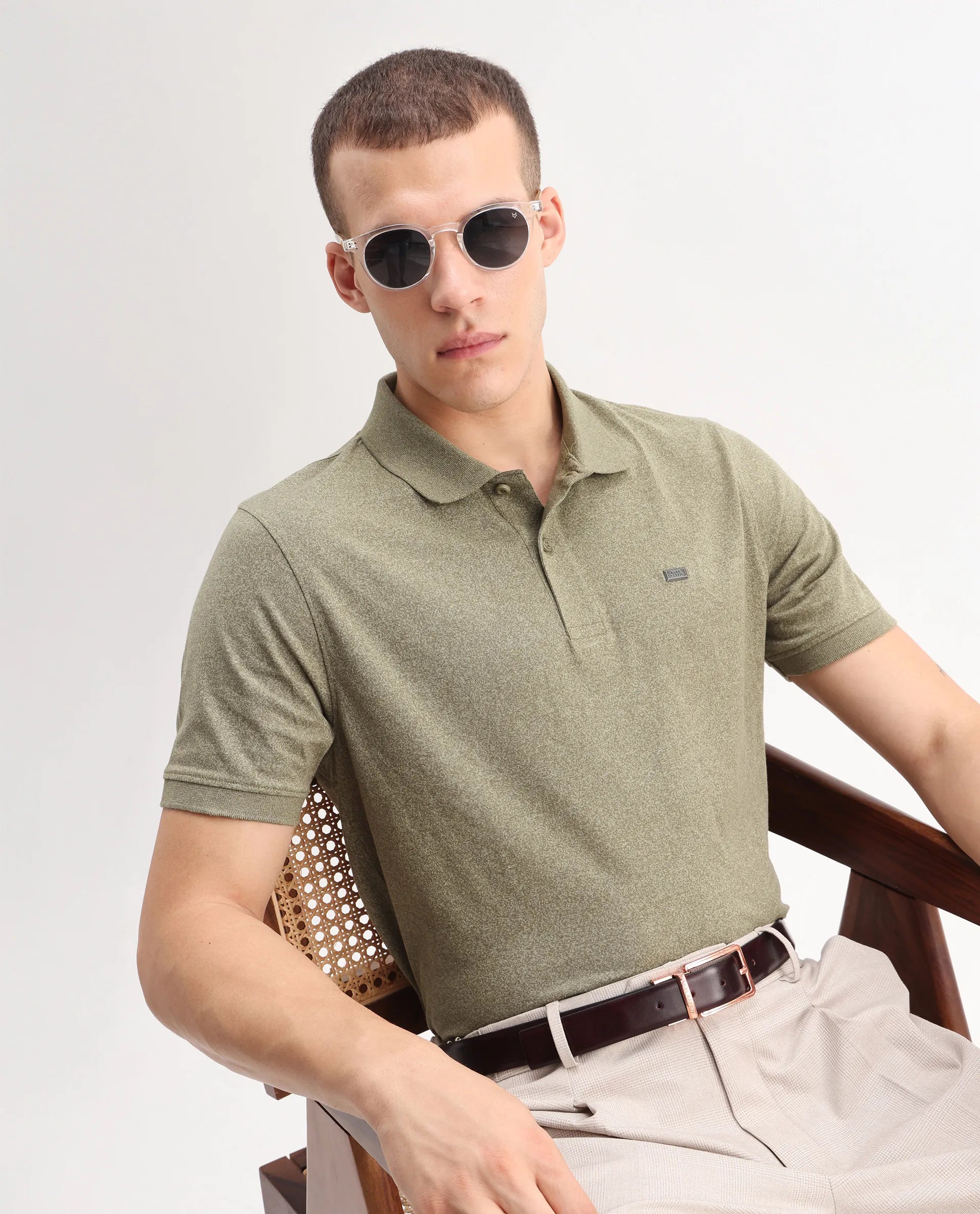 Rare Rabbit Men's Schop Olive Cotton Plain Regular Fit Half Sleeve Polo