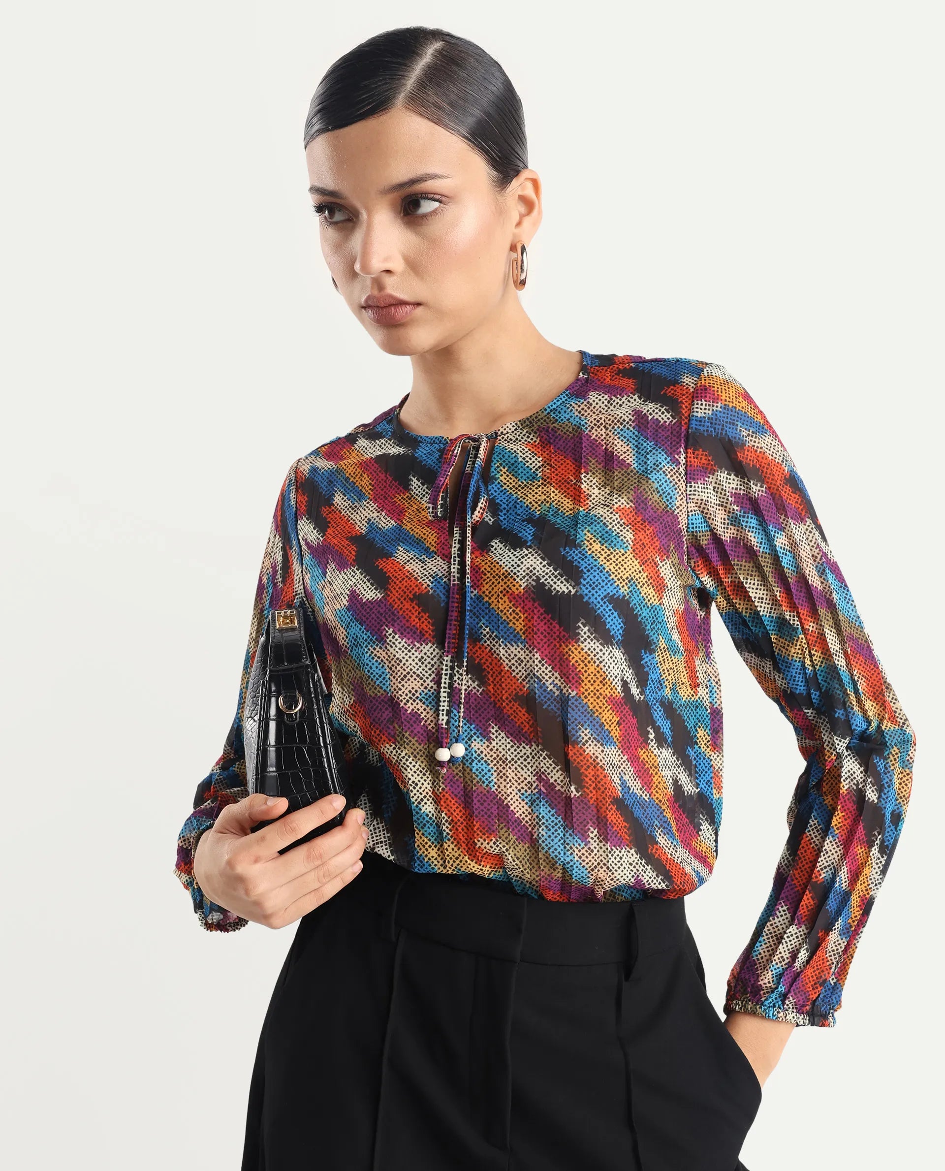 Rareism Women's Scooby Multi Polyester Tie-Up Neck Abstract Print Relaxed Fit Top