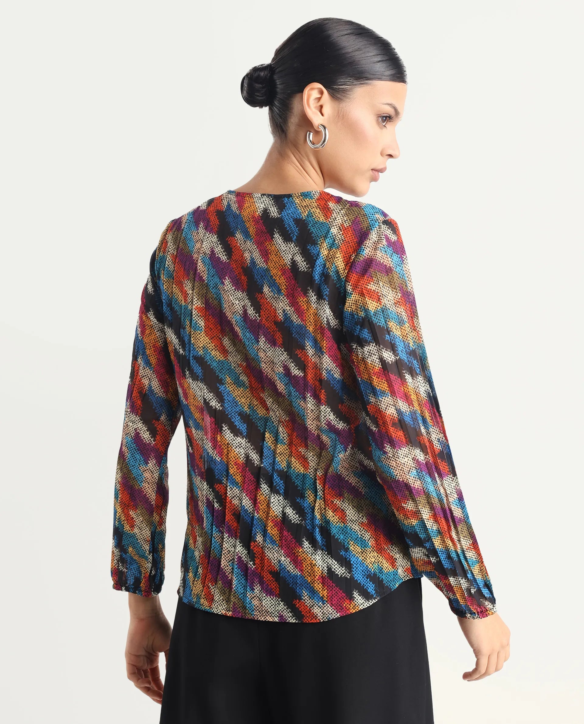 Rareism Women's Scooby Multi Polyester Tie-Up Neck Abstract Print Relaxed Fit Top