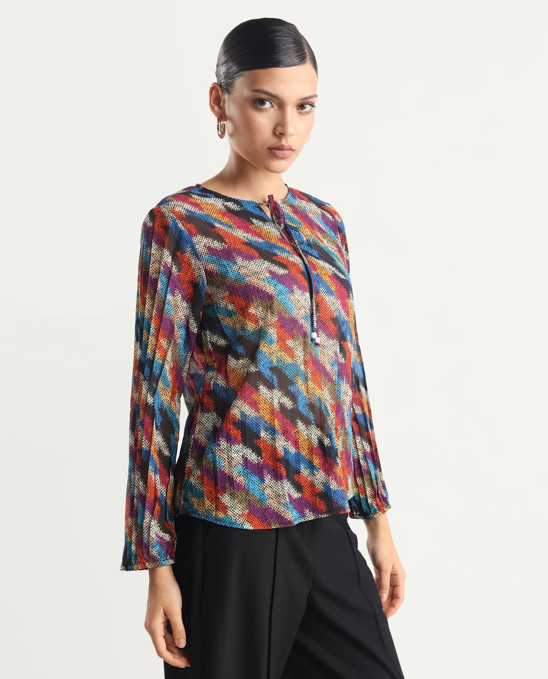 Rareism Women's Scooby Multi Polyester Tie-Up Neck Abstract Print Relaxed Fit Top