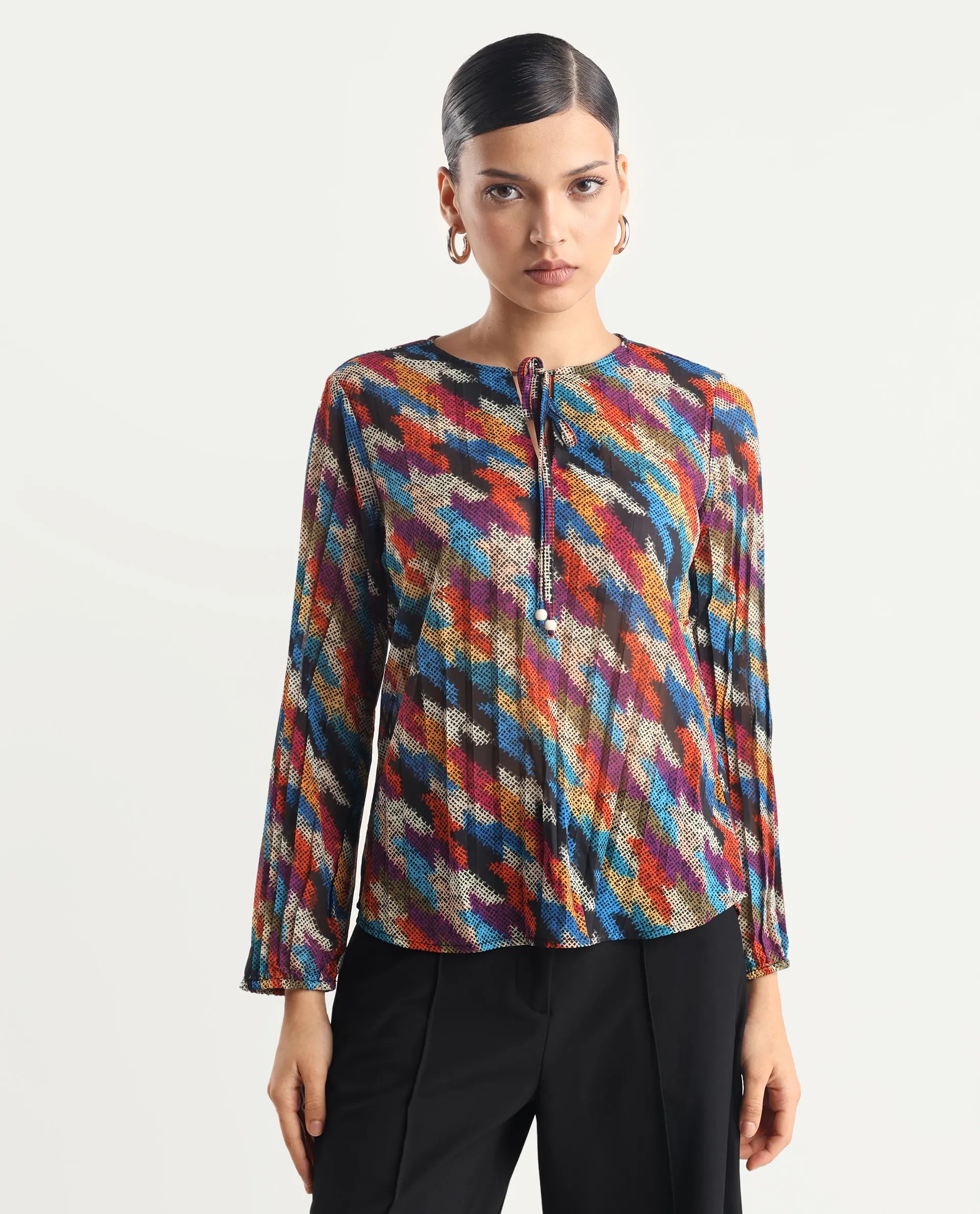 Rareism Women's Scooby Multi Polyester Tie-Up Neck Abstract Print Relaxed Fit Top