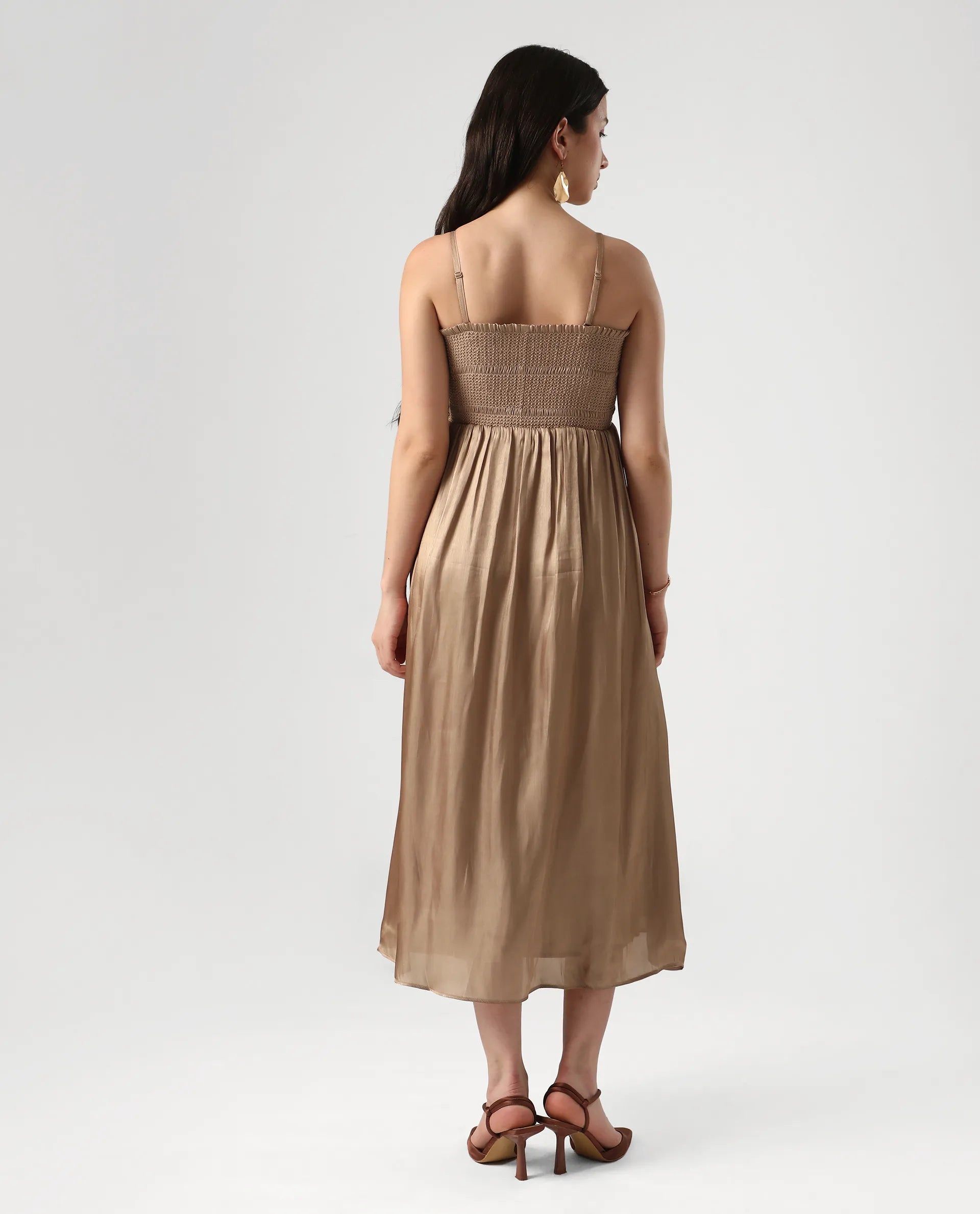 Rareism Women's Sem Gold Polyester Off Shoulder Plain Sleeveless Midi Fit And Flare Dress
