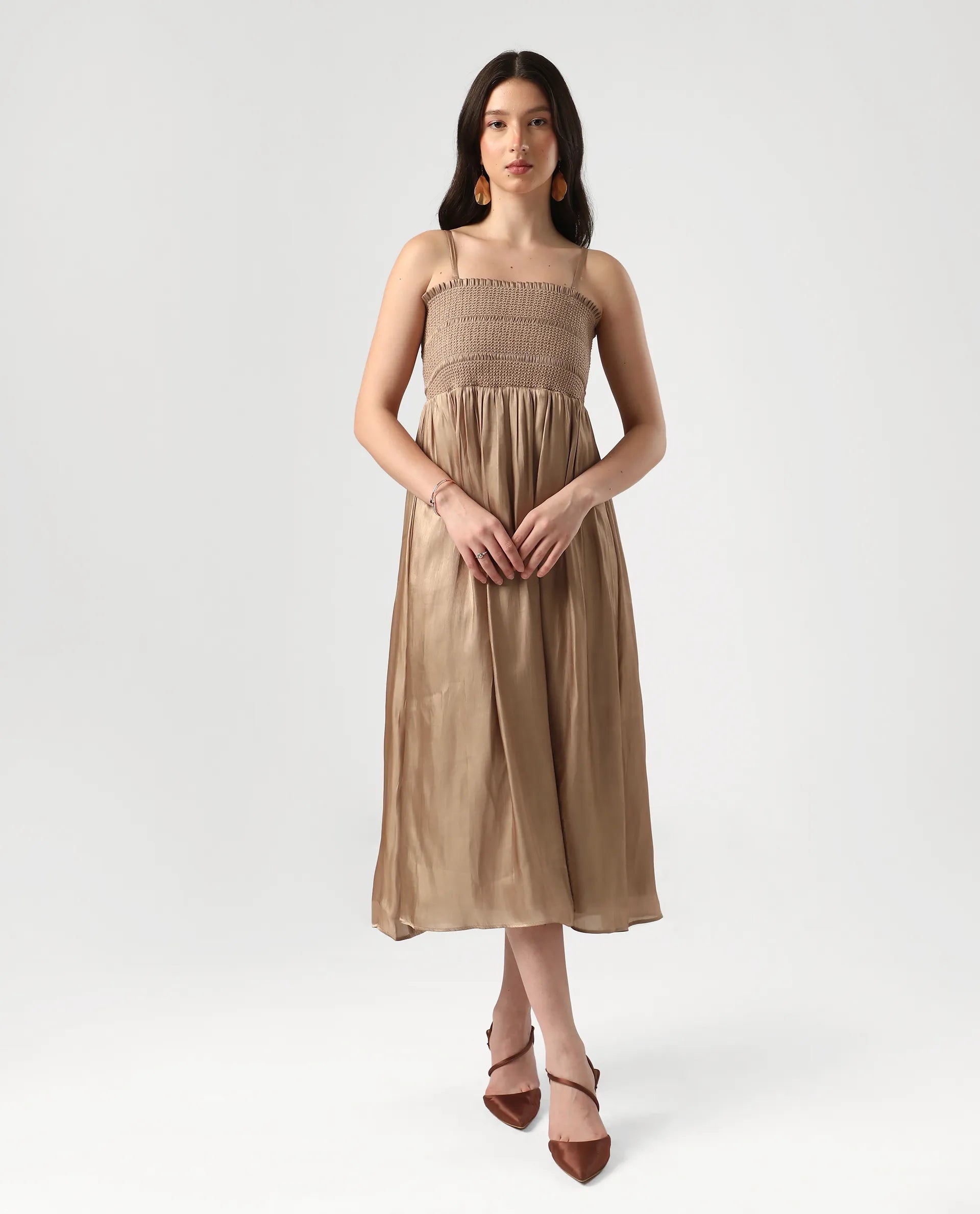 Rareism Women's Sem Gold Polyester Off Shoulder Plain Sleeveless Midi Fit And Flare Dress