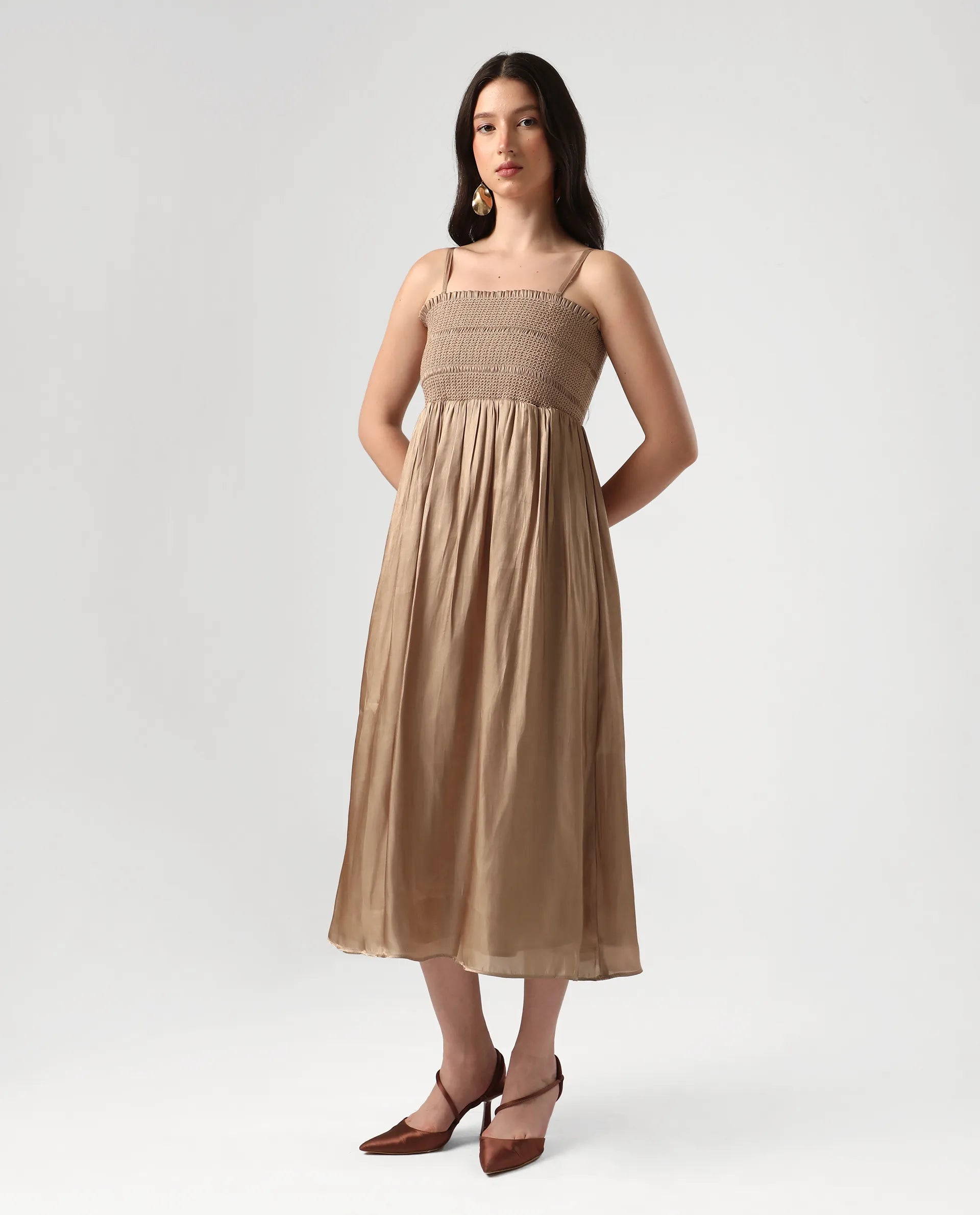 Rareism Women's Sem Gold Polyester Off Shoulder Plain Sleeveless Midi Fit And Flare Dress