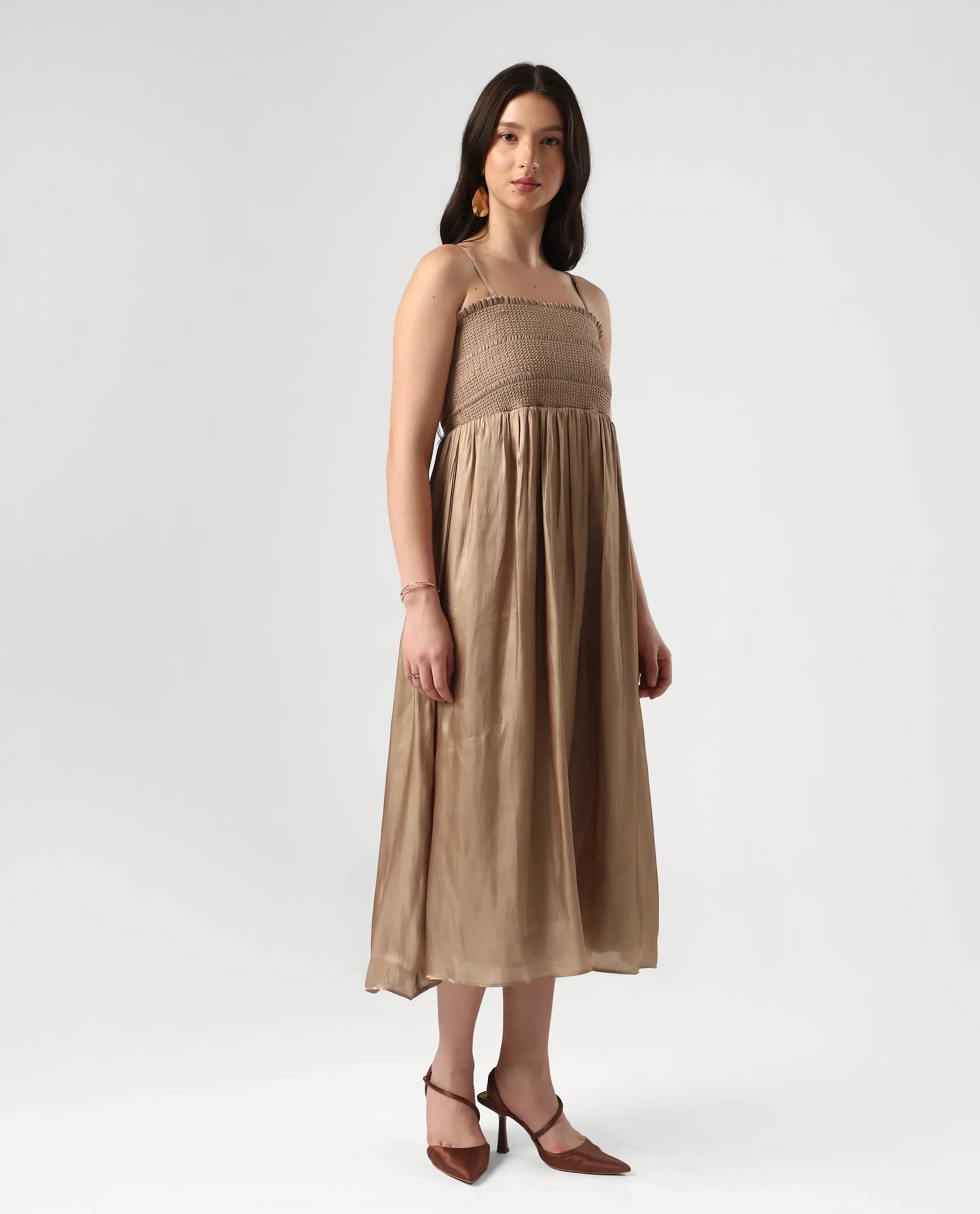 Rareism Women's Sem Gold Polyester Off Shoulder Plain Sleeveless Midi Fit And Flare Dress