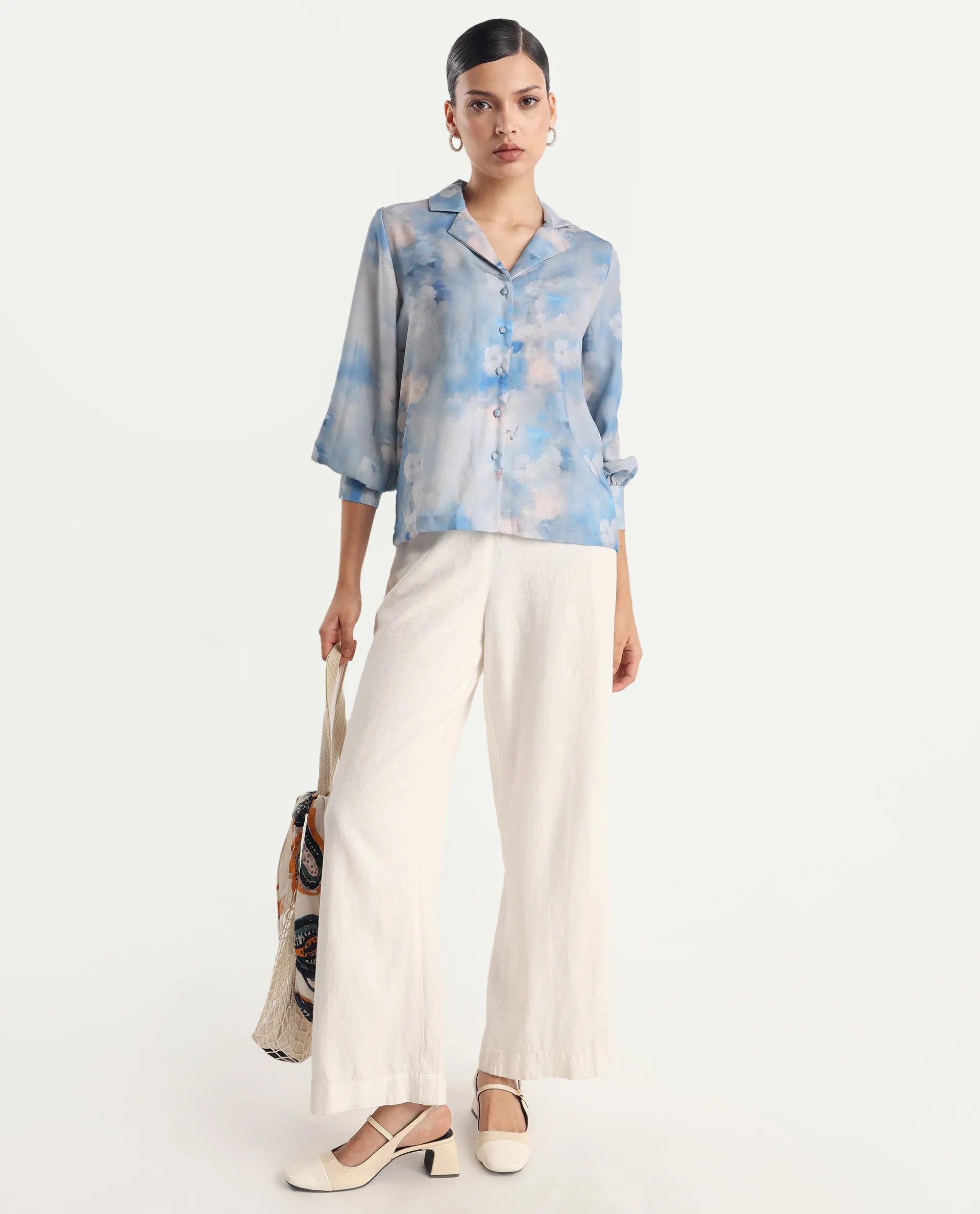 Rareism Women's Setecannet Blue Cotton Lapel Neck Floral Print Bishop Sleeve Regular Fit Top