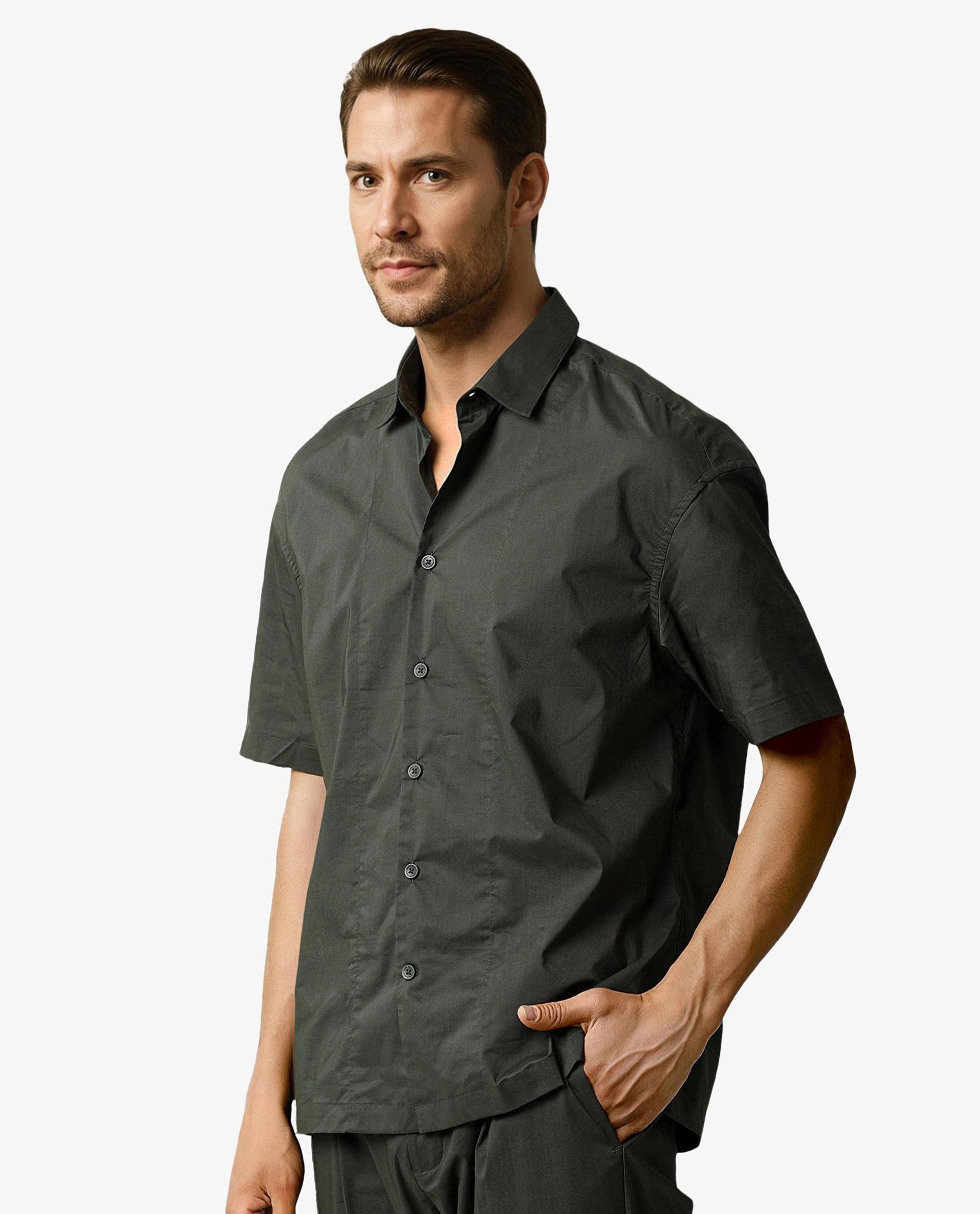 Rare Rabbit Men's Shibuya Olive Polycotton Fabric Half Sleeves Shirt