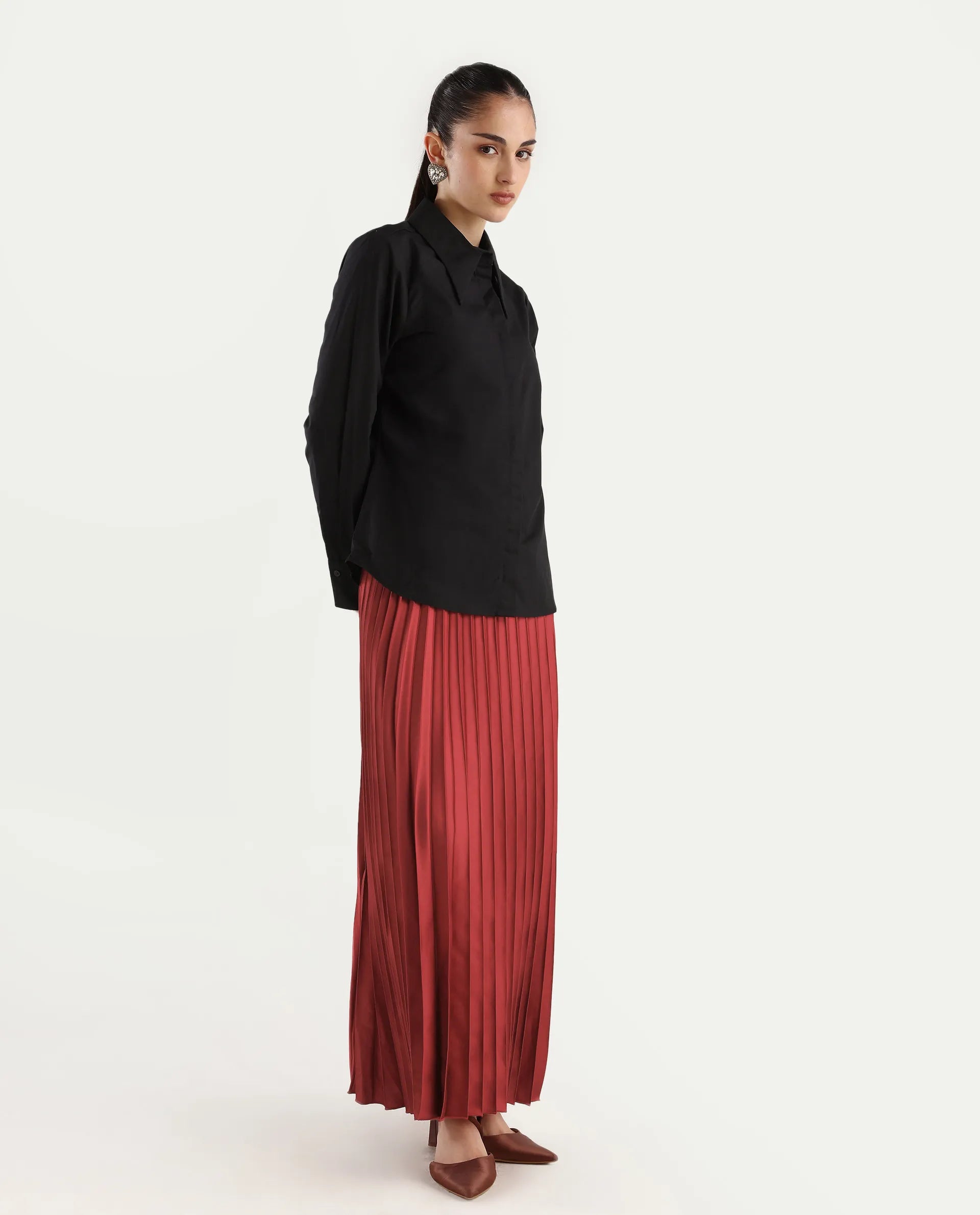 Rareism Women's Shilton Maroon Polyester Plain Ankle Length Regular Fit Skirt