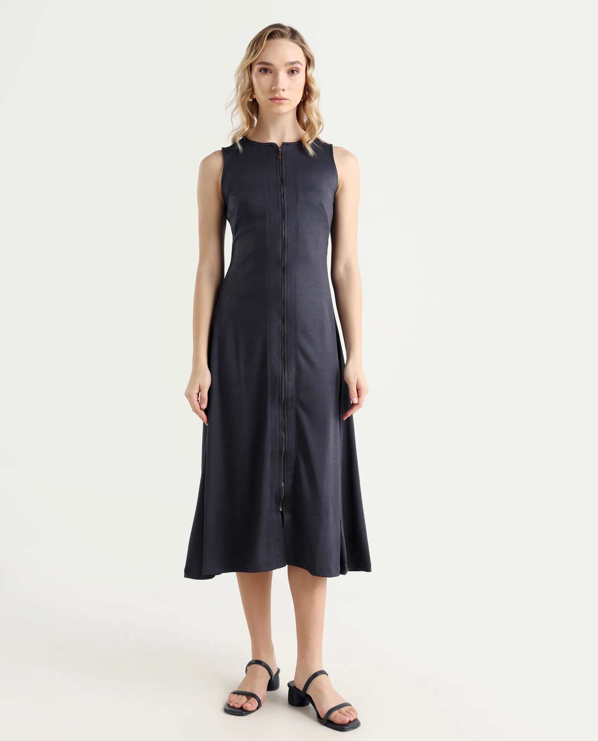 Rareism Women's Shoko Dark Blue Polyester Crew Neck Plain Sleeveless Midi A-Line Dress