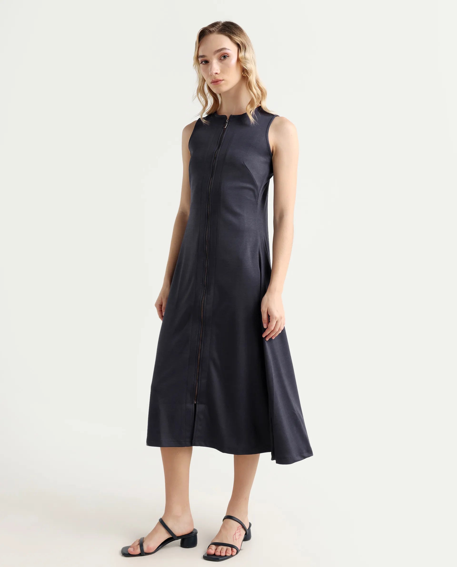 Rareism Women's Shoko Dark Blue Polyester Crew Neck Plain Sleeveless Midi A-Line Dress